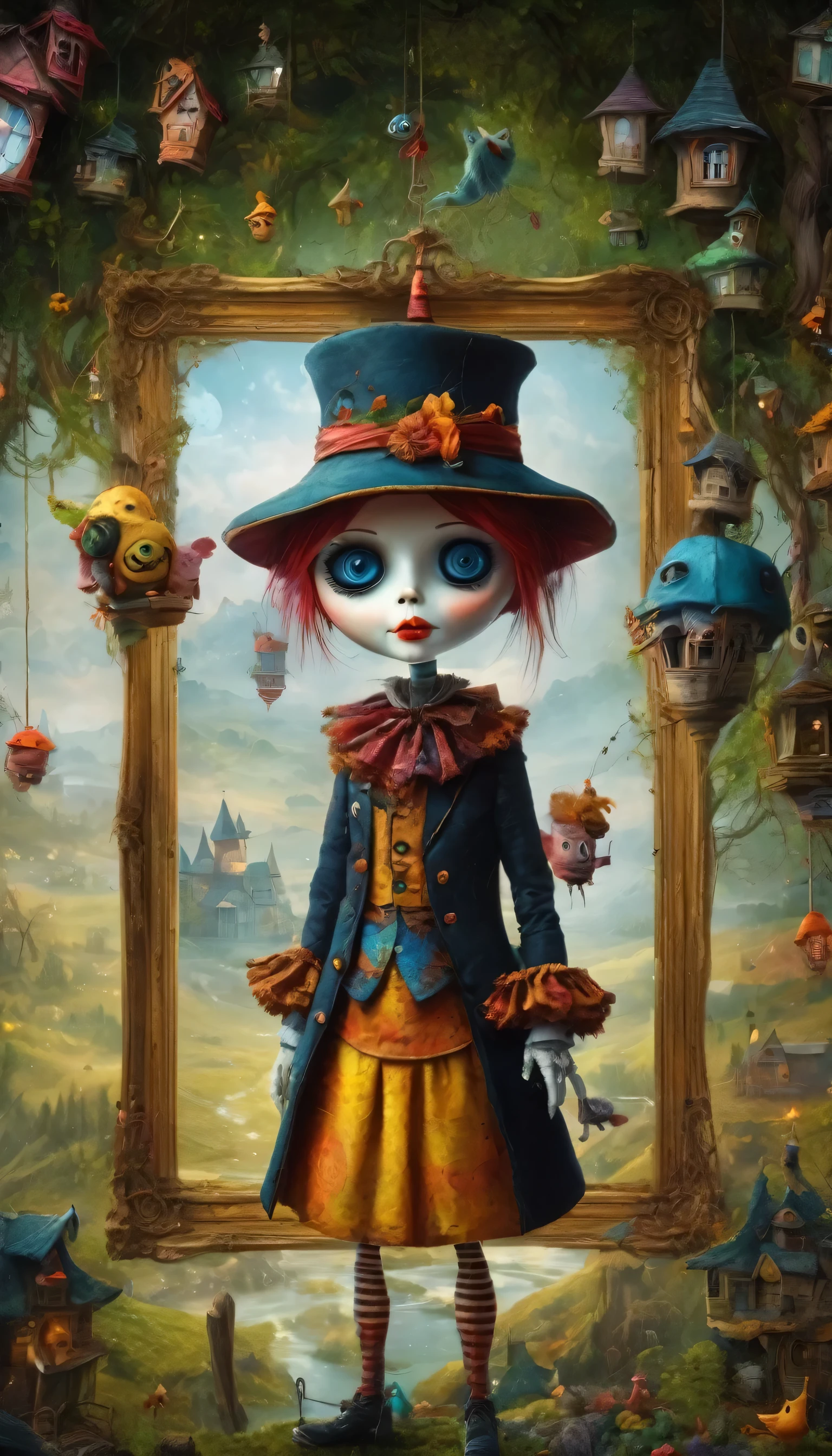 colorful marionette,(cursed puppet), artistically expressed, stylish alexander jansson, amazingly beautiful work, Landscape characters and elements fit perfectly within the image frame, Detailed realization, Definition High Quality, expressive face, clear eyes、ghost house,masterpiece,cute cursed doll
