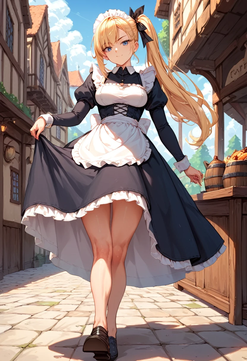 Score_9, Score_8_up, Score_7_up, Score_6_up, Score_5_up, Score_4_up, Source_anime, Tag1, Tag2, quality_masterpiece, Anatomically correct, Thick muscular legs, Long hair, blonde hair, side ponytail, black hair ribbon, blue eyes, 1girl, maid, standing, medieval tavern, looking at viewer, sulking, walking, maid carrying food,