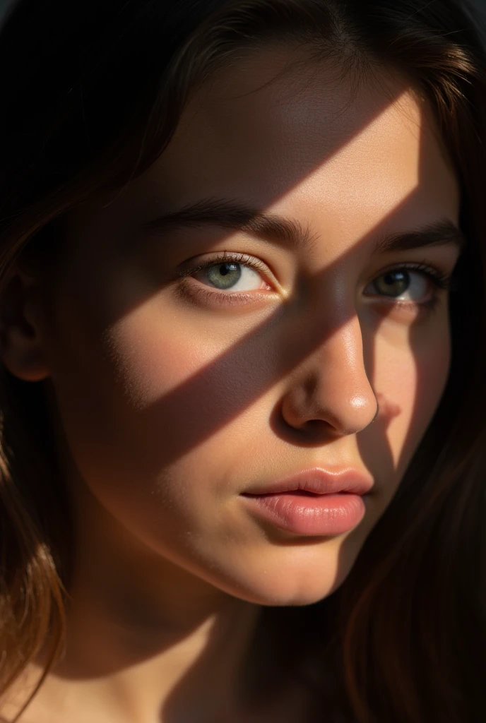 a photo of a ( face bathed in patterned light:1.3), (dappled shadows:1.2), (Captivating gaze:1.1), ( contrast of light and :1.2),  artistic interaction , ( sharp luminous lines :1.1), (Detailed iris:1.1), Sony α7R IV , 1/320s , f/2.8, ISO 400, ( enigmatic expression :1.2), ( prominent facial contours :1.1), (intimate portrait:1.2),  file format RAW , ( visual rhythm :1.1), ( intrinsic contrast :1.2).