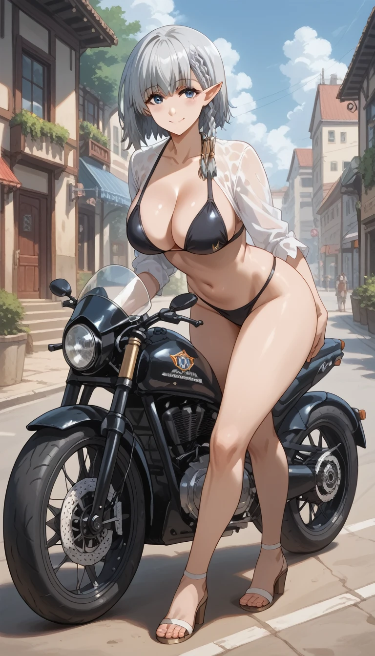 ultra-detailed, 1girl, beta, elf, ((masterpiece)), (best quality), (highres), 16K, perfect face, short hair, blue eyes, braid, grey hair, black bikini, busty body, large breasts and a beautiful ass, showcasing cleavage, legs, hips, looking at viewer, smile, detailed full body, motorcycle background