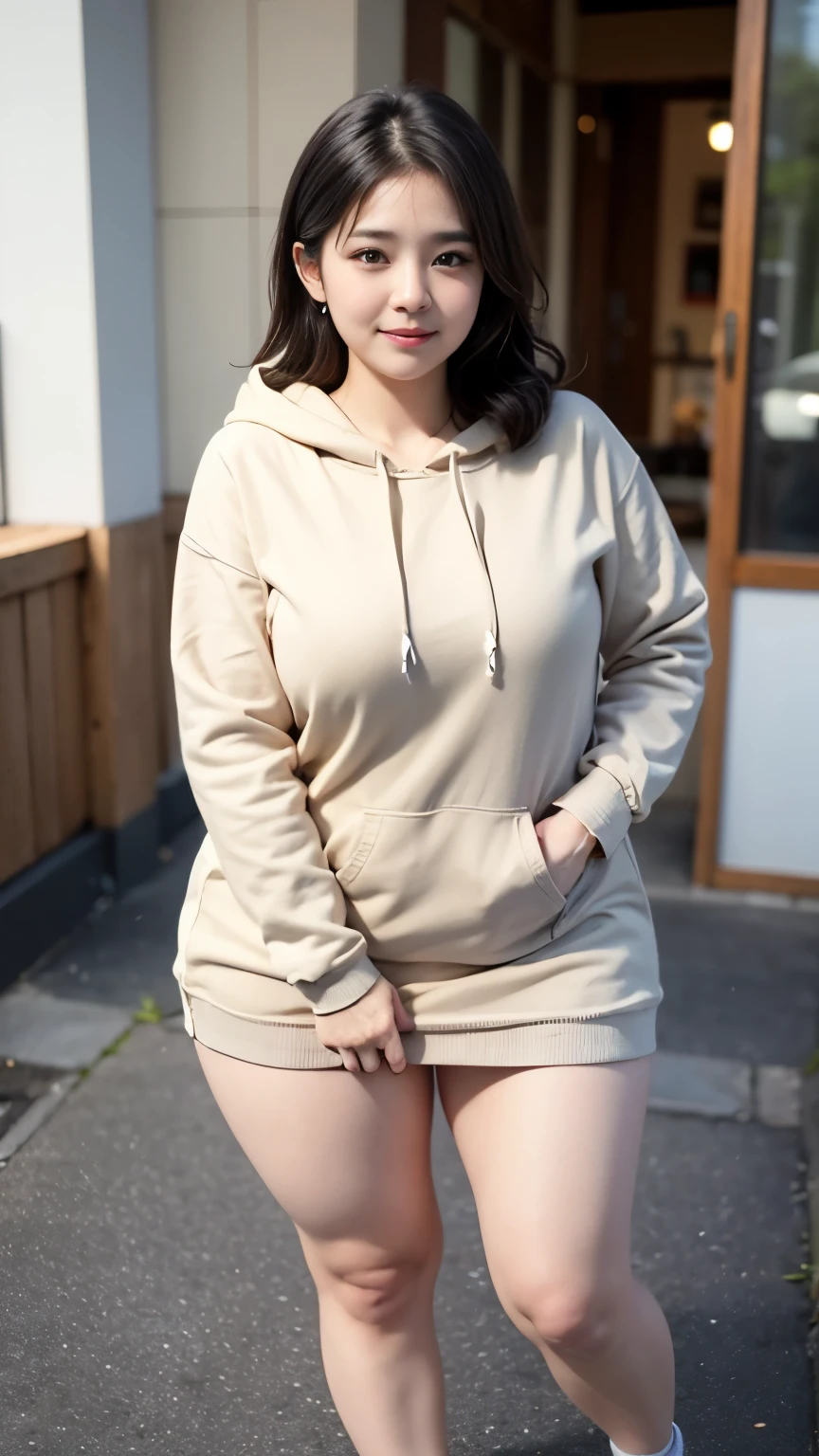 ((best quality)), ((masterpiece)), (detailed), perfect face, wanita chubby, tubuh seksi dan chubby, memakai seksi dress, rambut medium bergelombang, memakai sneakers, hoodie, chubby lengan, paha chubby