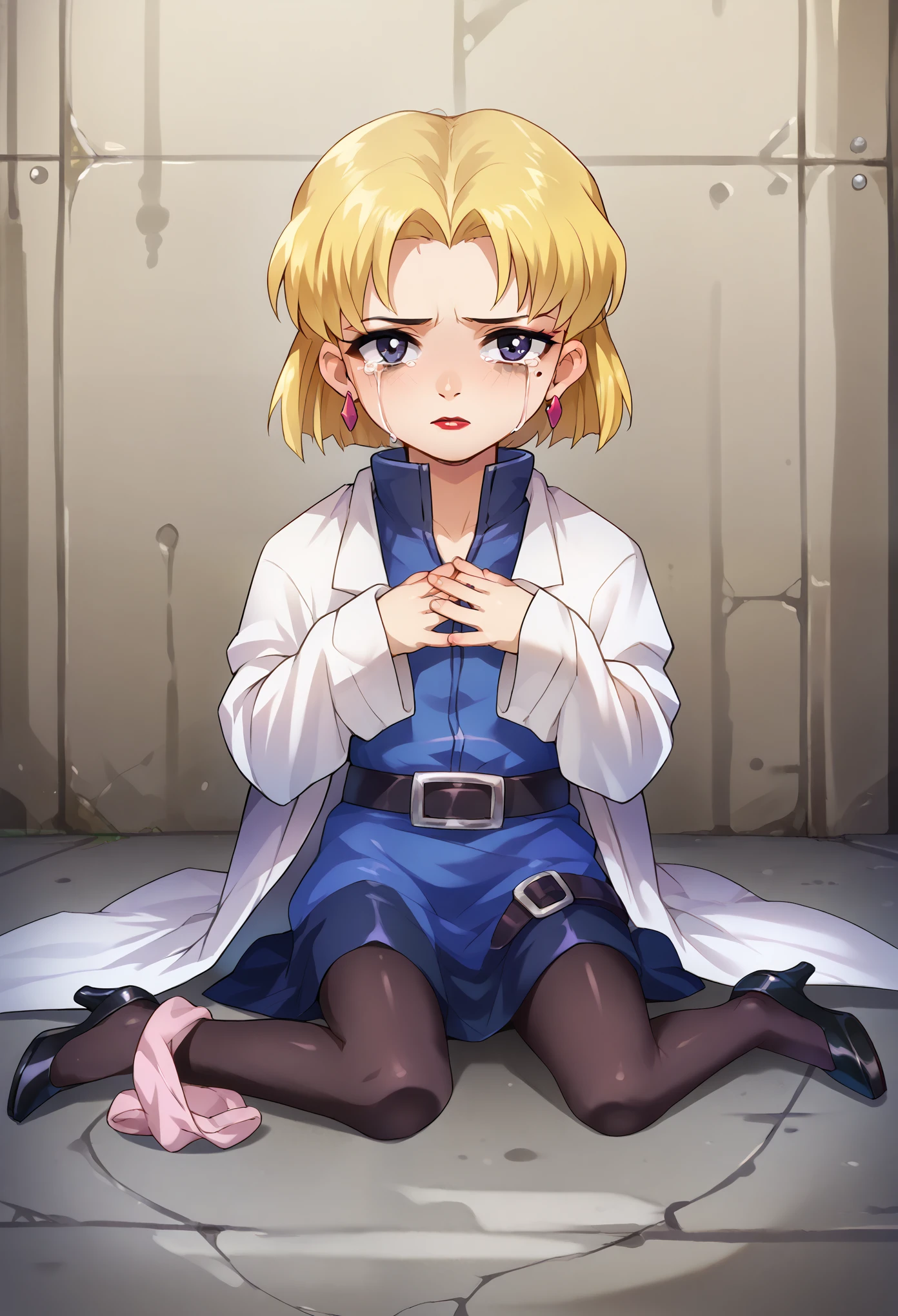 score_9, score_8_up, score_7_up, 1girl, solo, (****:1.5), flat chest, Ritsuko, 1girl, solo, blonde hair, mole under eye, labcoat, earrings, jewelry, short hair, belt, lipstick, makeup, black heels, darkblue skirt, black pantyhoses, belt, crying, sad, full body, sitting on ground,, without shoes, barefoot, looking at you, indoor, lab background, AgeRegression, Oversized Clothes, oversized pantyhoses,  loosed heels, sleeves covering hands, skirt between ankles,