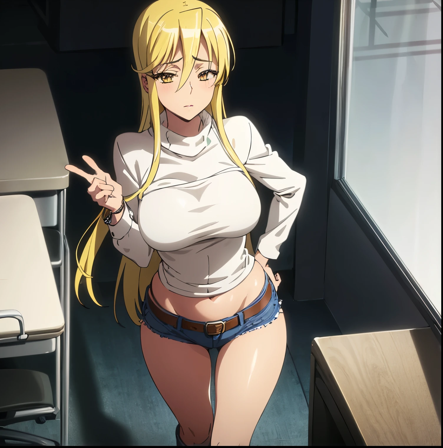 ((1girl)),((alone)),marikawa shizuka, \( high school of the dead\),(masterpiece), (best quality), (ultra detailed), (best illustration), (best shadow), (absurdities), sharp focus, cowboy shot, atmospheric perspective, depth of field, dynamic posture, ((looking at viewer)), large breasts, narrow waist, wide hips, medium thighs, round butt, erotic, romantic, (eyes very detailed, lips 1.1), very detailed eyes, eyes, Very detailed face, Very beautiful face, Symmetrical face, Aesthetic face, perfect face, perfect eyes, detailed eyelashes: 1.5), full height, beautiful slim figure, femininity, apathetic look , big elastic breasts, sexuality, mature woman, blonde hair, long hair, yellow eyes, soft face, beautiful face, beautiful eyes, makeup, detailed face, detailed hands, smile, jewelry, bracelet, long turtleneck sweater, jacket, jeans, belt, seductive pose, high boots, , hand on hip, curves, defined body, Perfect and beautiful body, perfect and beautiful, seductive look, closed mouth, ((calm expression)), (sexy pose: 1.2), standing :1.3, ((solo)), ((inside, school, infirmary, desk, stretcher, chair, window)), Looking forward, ((focus on breasts:1.4)), point of view: (from above), perfect anatomy, perfect hands