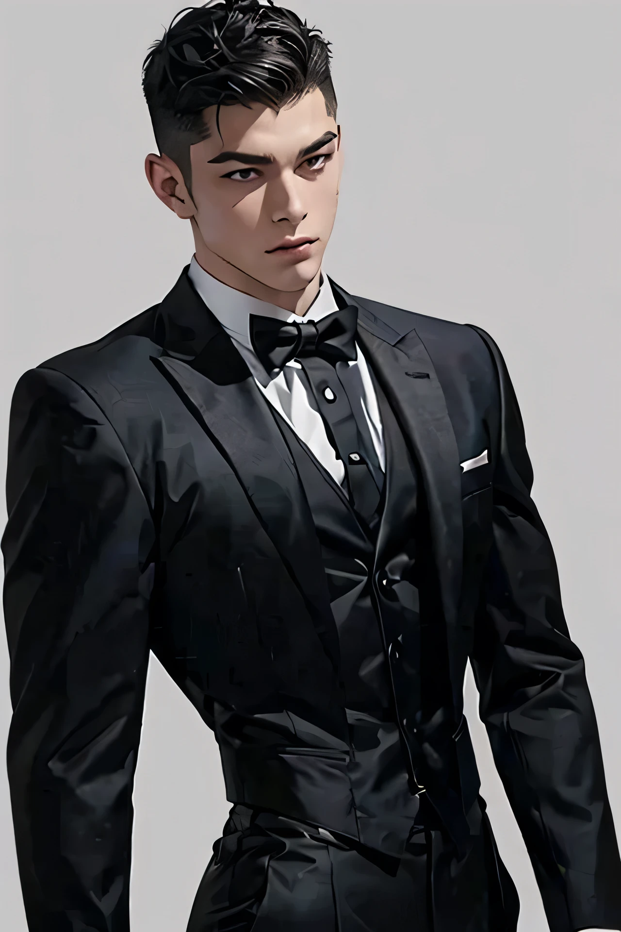  Japanese　　 Handsome Man 　Short cut　Shaved head　Black Hair　male　　Black leotard　 wrestling uniform 　tuxedo　Bulge　Bow tie　cuffs　 drips on clothes　　Background Universe
