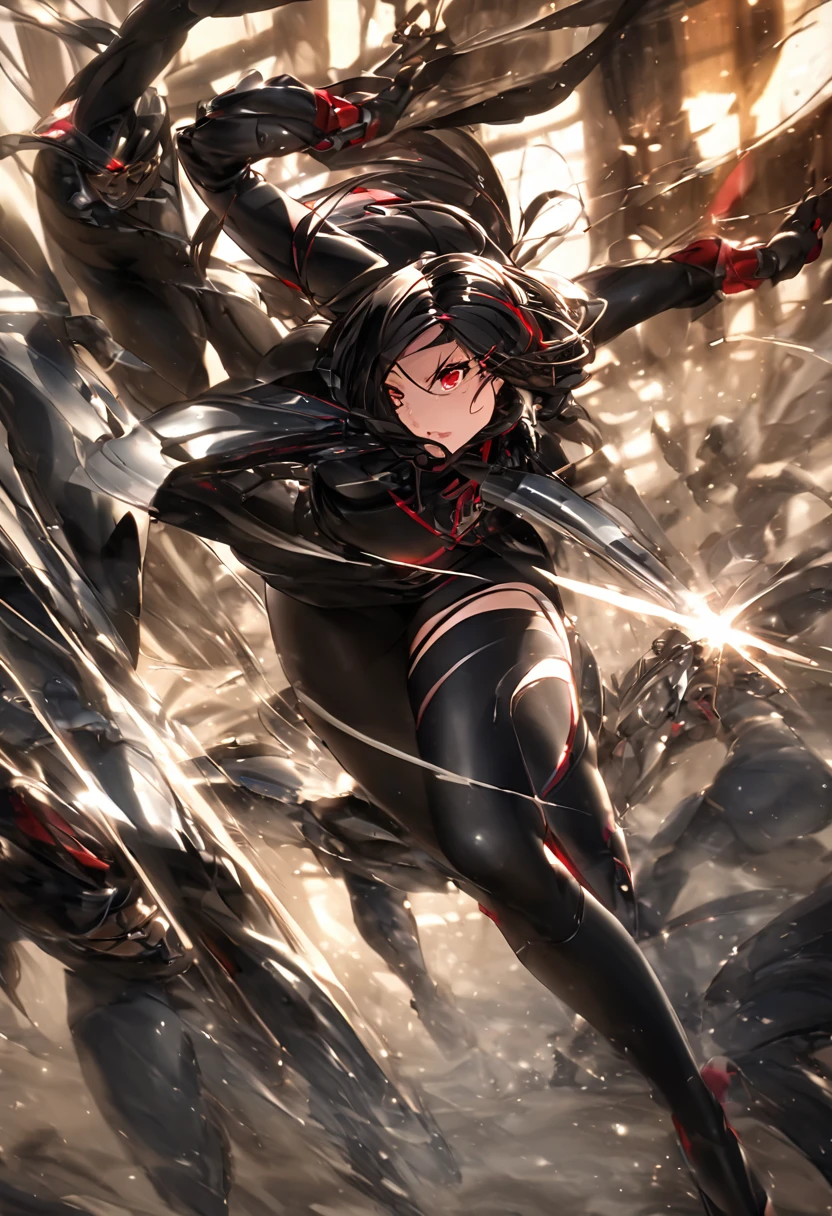 Yor Forger, dressed in her sleek black assassin outfit, is mid-leap, her body angled gracefully as she aims her razor-sharp stilettos at her unseen target. Her expression is cold and focused, with her red eyes gleaming under the moonlight. The shadows around her accentuate her stealth and agility as she moves through a dimly lit alleyway, her black dress fluttering in the air. Her weapons glint ominously, and her figure is poised for a swift, lethal strike, embodying elegance and danger in equal measure.