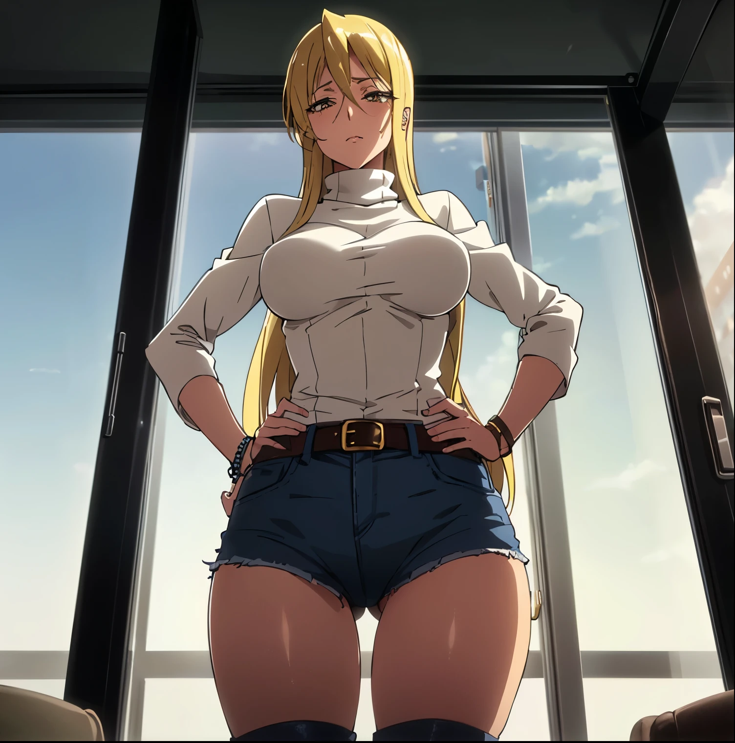 ((1girl)),((alone)),marikawa shizuka, \( high school of the dead\),(masterpiece), (best quality), (ultra detailed), (best illustration), (best shadow), (absurdities), sharp focus, cowboy shot, atmospheric perspective, depth of field, dynamic posture, ((looking at viewer)), large breasts, narrow waist, wide hips, medium thighs, round butt, erotic, romantic, (eyes very detailed, lips 1.1), very detailed eyes, eyes, Very detailed face, Very beautiful face, Symmetrical face, Aesthetic face, perfect face, perfect eyes, detailed eyelashes: 1.5), full height, beautiful slim figure, femininity, apathetic look , big elastic breasts, sexuality, mature woman, blonde hair, long hair, yellow eyes, soft face, beautiful face, beautiful eyes, makeup, detailed face, detailed hands, smile, jewelry, bracelet, (( long beige turtleneck sweater )),(( black leather jacket )),((denim jeans)), skinny jeans, ((belt)), seductive pose, ((high boots)), , hand on hip, curves, defined body, Perfect and beautiful body, perfect and beautiful, seductive look, closed mouth, ((calm expression)), (sexy pose: 1.2), standing :1.3, ((solo)), ((inside, school, infirmary, desk, stretcher, chair, window)), Looking forward, ((focus on thighs:1.4)), point of view: (from below), perfect anatomy, perfect hands