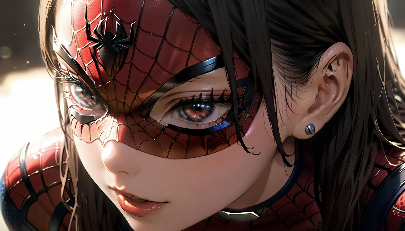 Closeup photo portrait of female Spiderman, atmospheric scene, masterpiece, best quality, (detailed beautiful face, detail skin texture, ultra-detailed body:1.1),