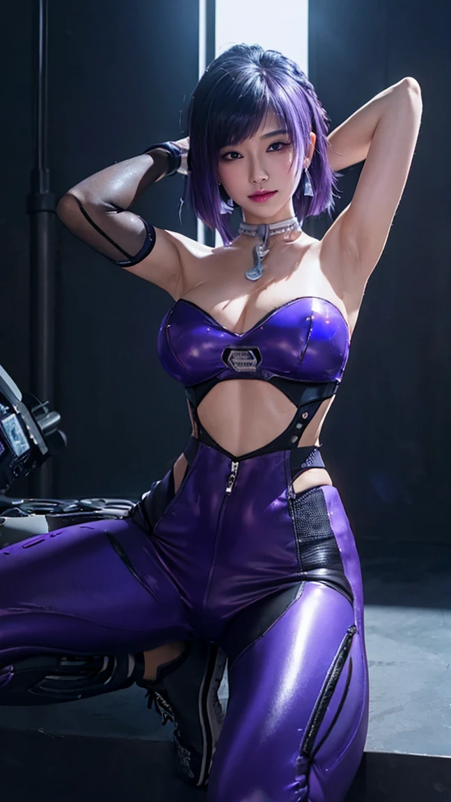 (masterpiece), best quality, 4k, HD, expressive eyes, perfect face, ABS,  muscular, tight open cropped PVC jacket, cyberpunk, spread armpit, bandeau, center opening, bare shoulders, breasts, collarbone, feet out of frame, own thigh, taut high-waist pants, high ponytail, light rays, long hair, purple eyes, medium breasts, cyberpunk theme, villain, purple eyes, purple hair, solo, strapless, sweaty, sunlight, very long hair, knee pads, Mecha wall, taut mecha leather yoga pants, navel, sweat, LED shoes, horny smile, lowleg pants, laser, skindentation, moans, areolae clothes, muscular arms, pussy juice, sweatdrop, sexual fluids, clothing cutout, fullbody, muscle suggestive fluid, soaking wet, holographic clothing, moans, handcuffs, pubic v hair, jail prison, raped yelan