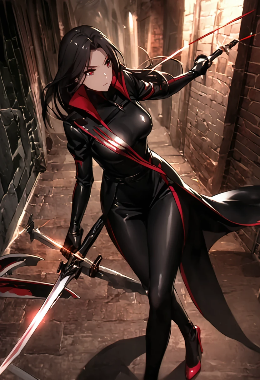 Yor Forger, dressed in her sleek black assassin outfit, is mid-leap, her body angled gracefully as she aims her razor-sharp stilettos at her unseen target. Her expression is cold and focused, with her red eyes gleaming under the moonlight. The shadows around her accentuate her stealth and agility as she moves through a dimly lit alleyway, her black dress fluttering in the air. Her weapons glint ominously, and her figure is poised for a swift, lethal strike, embodying elegance and danger in equal measure.