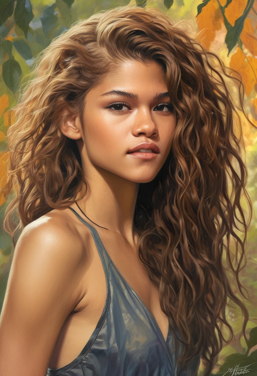 digital art of  (zendaya)    photorealistic , curly hair, Highly detailed, art-station, seeds, sharp focus, arte por michael whelan, artgerm, Darryl Zabrock