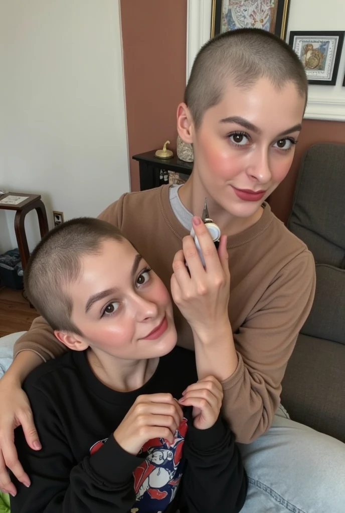 2 young women, ((((first woman her head is shaved bald to the skin which is pale))) (she is holding "Wahl" hair clippers which are currently shaving the second woman's head) she is intensely looking at the second woman's half bald head). ((The second woman has half a bald head half long hair and is looking at the viewer and smiling), ((There are short hair bits and many strands of hair cover her shirt and are stuck on the second woman's face)).)
