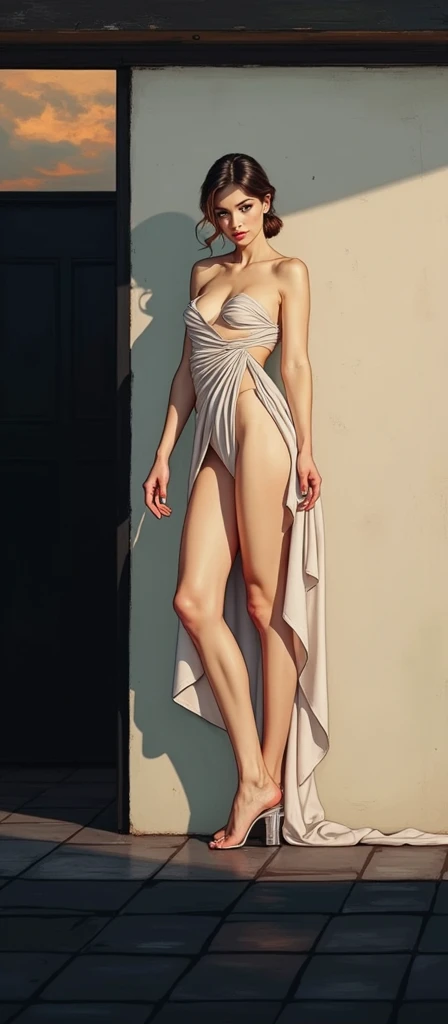 (back view),(full body:1.4),(rule of thirds:1.4),((hyper-realistic illustration:1.4)) Beautiful 20 yo Mediterranean woman, beautiful athletic figure, shapely toned legs, perfect round ass, natural perky breasts,(abs), ((long dark hair)), green eyes. (joy:1.4), sweet smile, mascara, dress, high heels. Masterpiece, best quality,(highly detailed:1.2),(detailed face and eyes:1.2), depth of field, 8k wallpaper, natural lighting, core shadows, high contrast, bokeh.