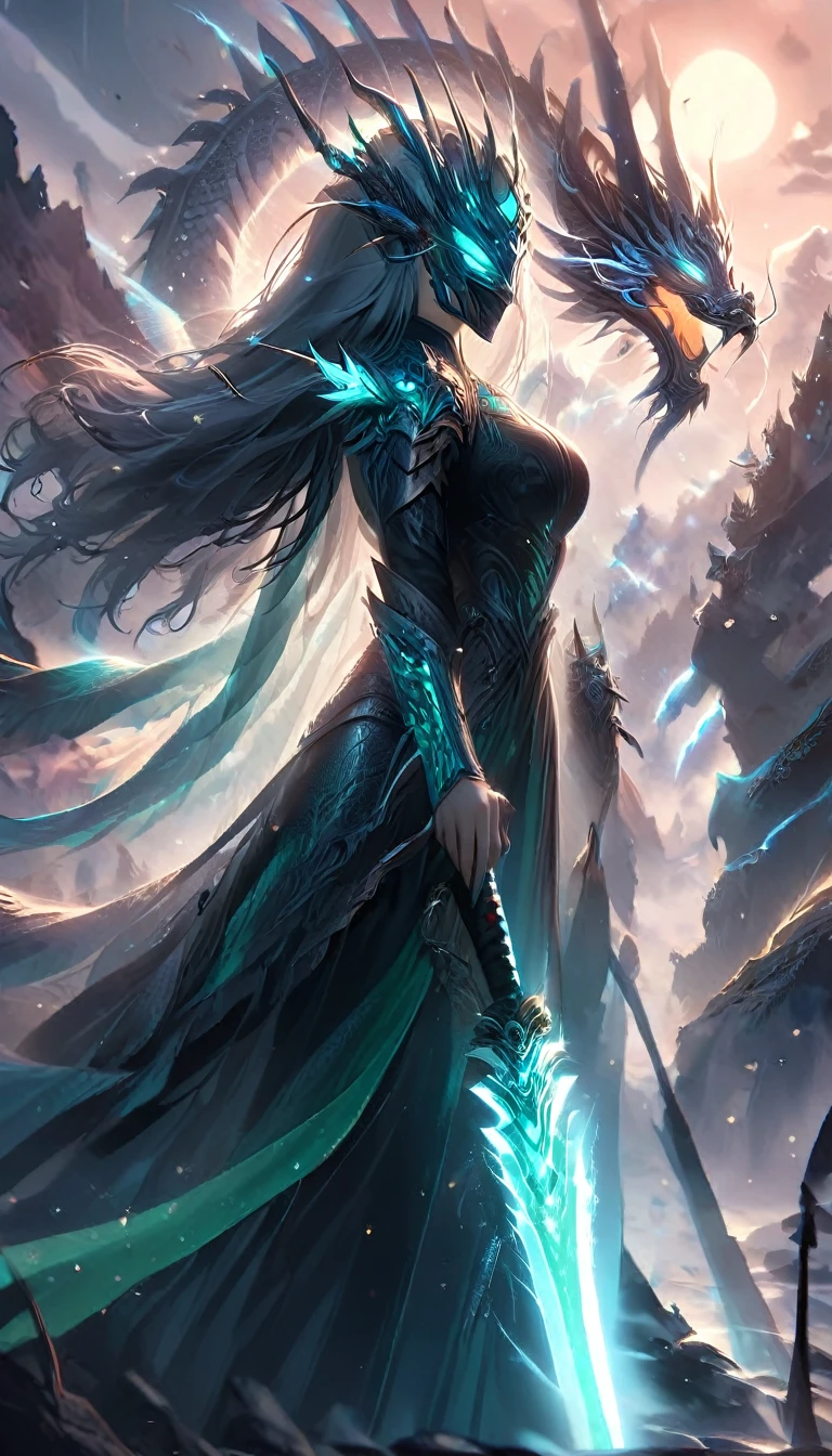 A powerful woman knight clad in Black and emerald armor, standing tall and fearless, gripping a majestic spear. Her armor is intricately detailed, featuring wyvern-shaped shoulder plates and a flowing emerald cape. Her long, flowing hair billows in the wind as she stands on a cliff edge, a wyvern perched loyally beside her, wings outstretched against the sunset sky. The landscape below is vast and rugged, with towering mountains and forests. The knight’s expression is fierce yet noble, embodying strength and grace as the guardian of the wyverns. Her connection to the mystical creature radiates power, as their bond is evident in their stance, ready for battle.