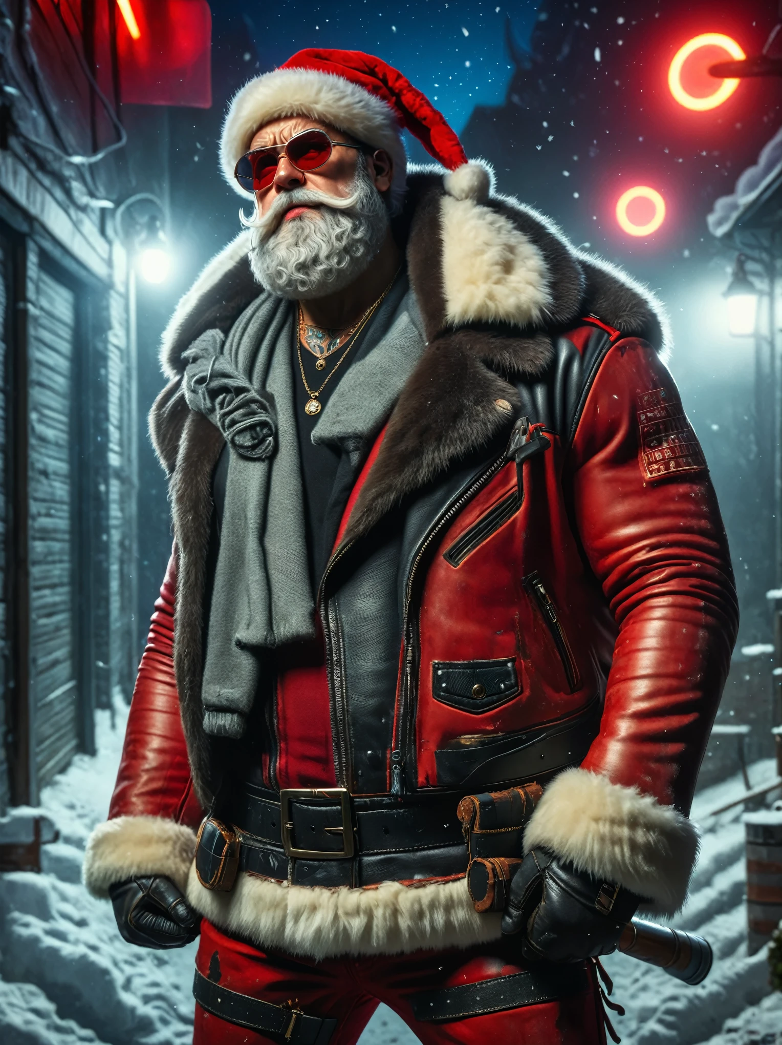  rude Santa Claus ,  saint wearing a red leather jacket and hat, rough and strong . peligroso,  dirty and very angry .  Carrying a shotgun trimmed in a very dynamic pose .  Cold light and night .  Cinematic scene 