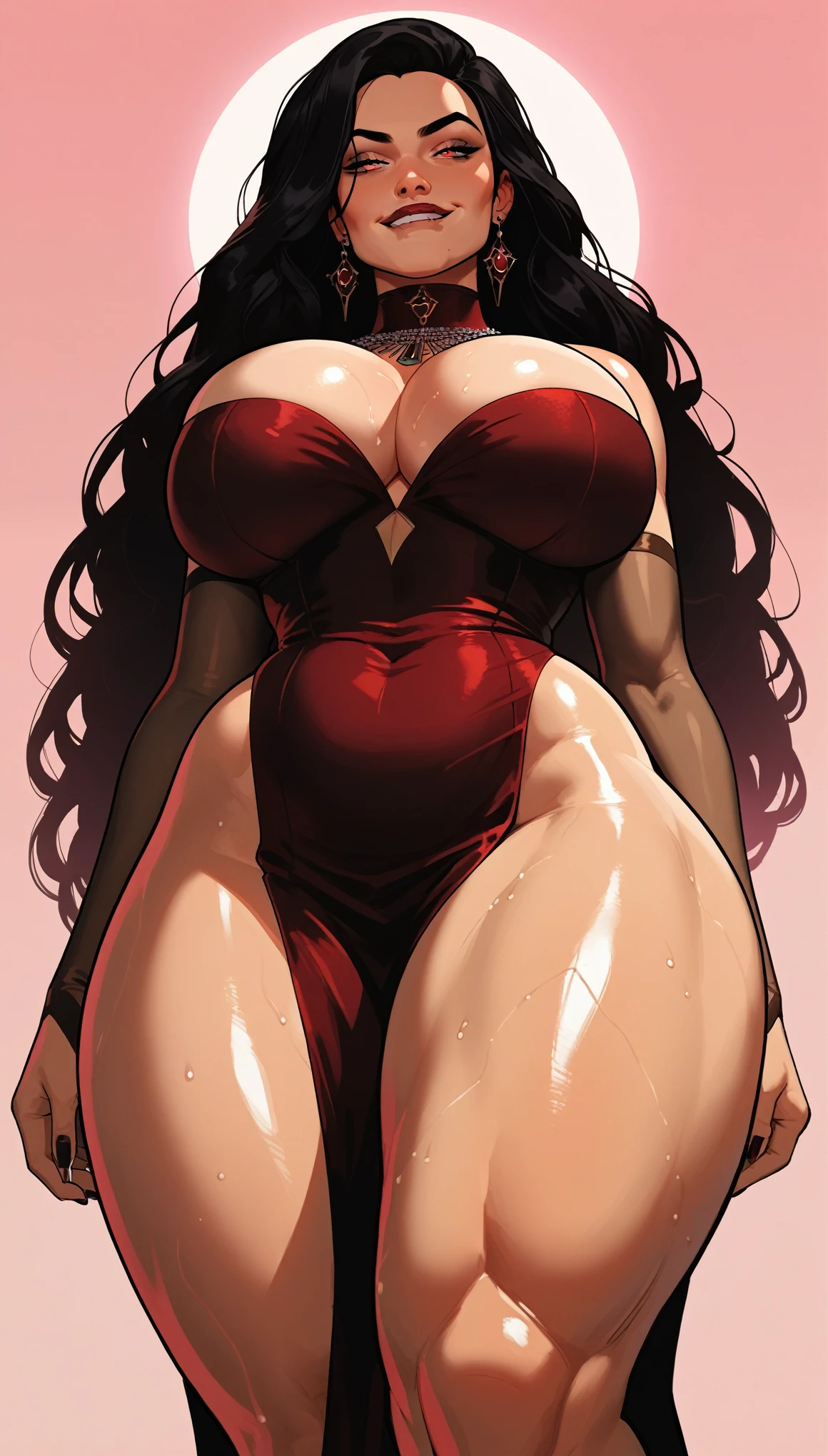 Expressiveh, looking at viewer, huge ass, cold stare, sexy, huge breasts,score_9, score_8_up, score_7_up, long black hair, hot goddess woman, source_anime, haughty, low angle view, muscled thighs, in the brothel, an environment full of horny women, prostitute goddesses, 80swa, shiny skin, oily, sweaty, perfect face, beautiful girl, beautiful face , pink lightings, huge ass, perfect rounded ass, evil smile, Expression biting lower lip, white sexy elegant elfic dress
