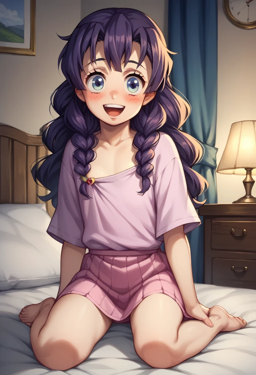 ((Best Quality)), ((masterpiece)), (be familiar with),  perfect face, indoor, bedroom,  watching viewers,
One woman, Kanroji Mitsuri,
Open Mouth, Ecstatic expression, blush, smile,
Small breasts,  flat chest, , , child, Girl,
Long Hair,  Had,
Leg spread,