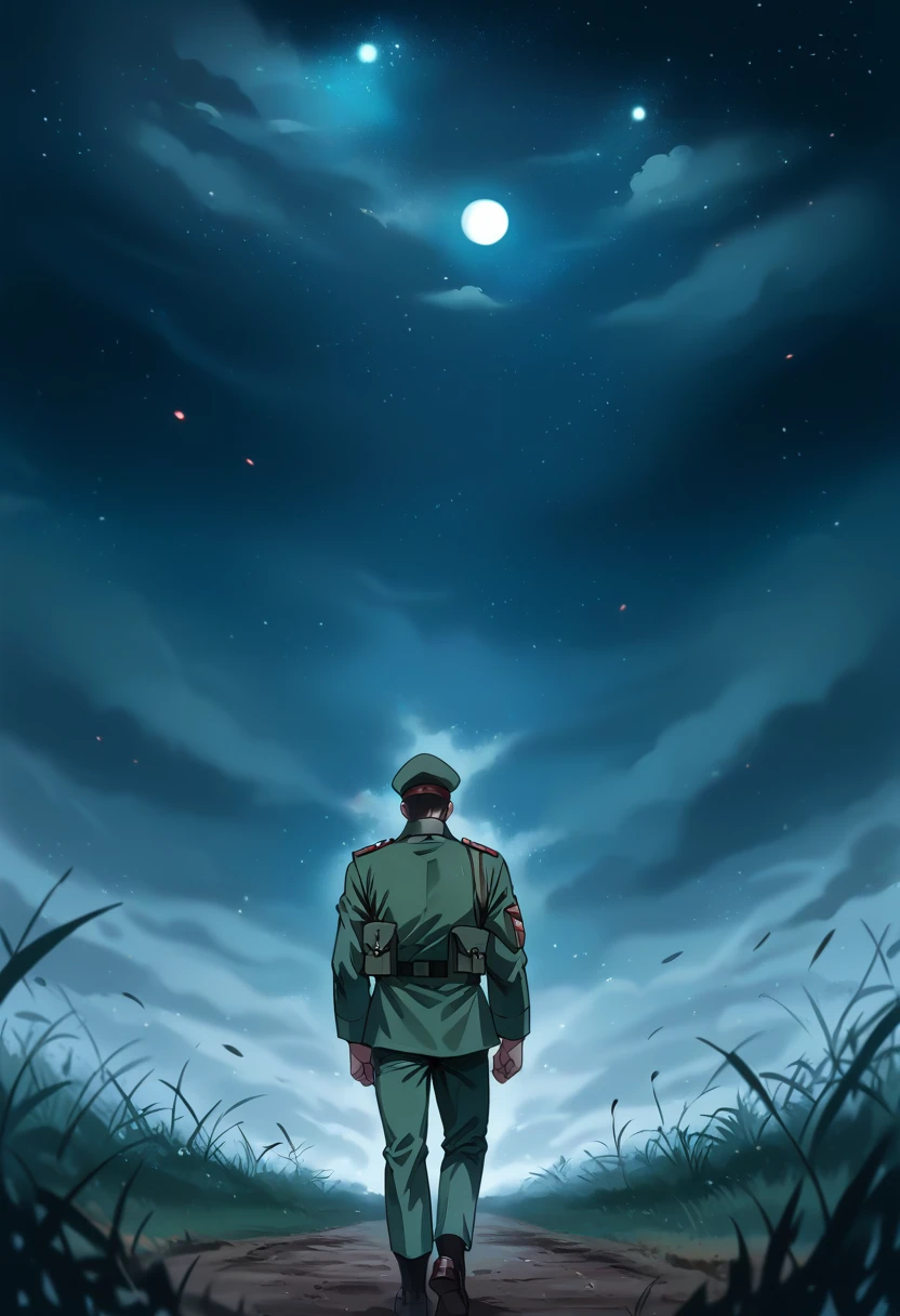 DIRTY TIGHT MILITARY MAN UNIFORM ,  SHOWS HIS BLACK THONG WALKING ON A WAR FIELD WITH A FULL MOON AND STARRY SKY 