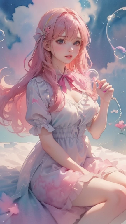A painting,The painting shows a woman in a dress blowing bubbles, Loish and WLOP, ethereal bubbles, Mobis + Loish + WLOP, Dreamy and detailed, intricate WLOP, closeup fantasy with water magic, fairytale artwork, fairytale painting, Anna Dittmann (Anna Dittmann) style, WLOP art, Realistic fantasy, Artgerm Julie Bell Beeple