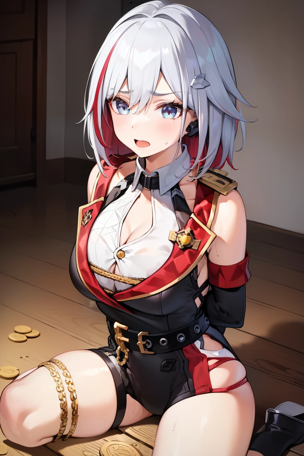 (masterpiece:1.3),(highly detailed:1.3),(highres:1.1),best quality,Ultra-detail,1girl,solo,jelotopaz,hair ornament,black jacket,collared shirt,cleavage,detached sleeves,black elbow gloves,belt,coin, (((Hands tied behind))), (arms behind back), (seiza), sitting on the knees, sweat, open mouth, scowl, panicking, hair ornament, white collared shirt, cleavage, belt, black knee boots, black elbow gloves, basement, concrete floor, concrete wall, indoor, coin, detached sleeves, black jacket