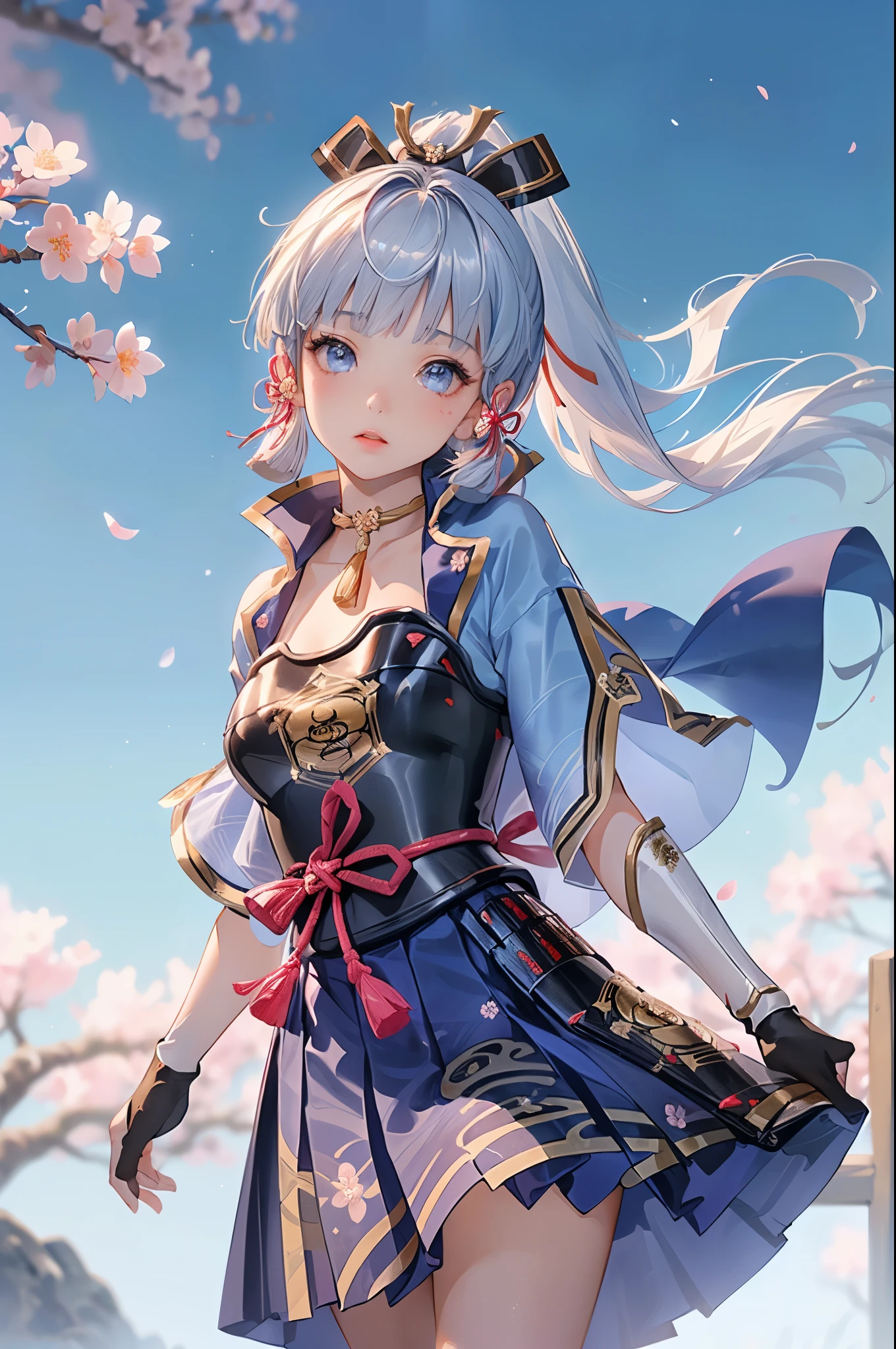 masterpiece, Best Quality, ((Ayaka Kamisato_ Genshin Impact)),(( 1 girl ,Long Hair, blue hair , ponytail,  Hair Ribbon ,  hair accessories , Hold the  ,  blue eyes ,breastplate,armor, Short sleeve,Japanese clothing,  Blue Skirt , Tassel,gloves, Arm guard,))[hold a japanese fan(japanese sensu):1.4],((Great background、whirlwind、cherry blossoms)), walking
