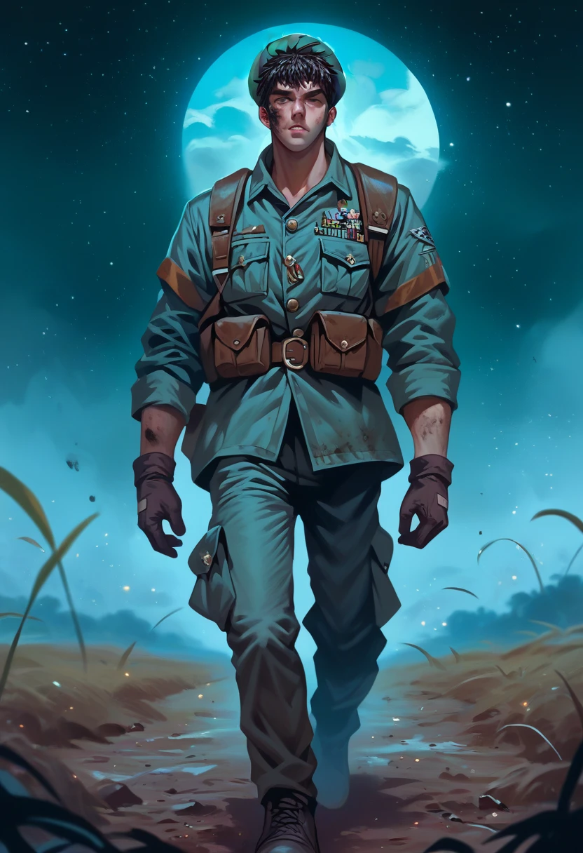 DIRTY TIGHT MILITARY MAN UNIFORM ,  DIRTY HIS BLACK THONG CAN BE SEEN WALKING ON A WAR FIELD WITH A FULL MOON AND STARRY SKY RUIN OF A BOMBED CITY, ANAT'O , ICALLY CORRECT , DETAILED, 4k