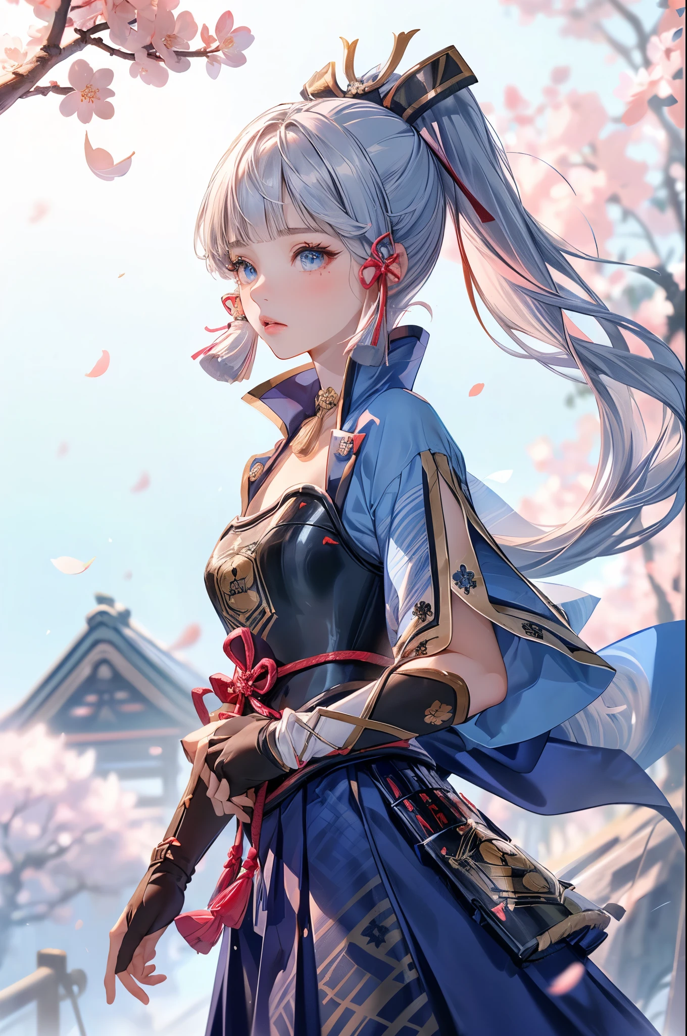 masterpiece, Best Quality, ((Ayaka Kamisato_ Genshin Impact)),(( 1 girl ,Long Hair, blue hair , ponytail,  Hair Ribbon ,  hair accessories , Hold the  ,  blue eyes ,breastplate,armor, Short sleeve,Japanese clothing,  Blue Skirt , Tassel,gloves, Arm guard,))[hold a japanese fan(japanese sensu):1.4],((Great background、whirlwind、cherry blossoms)), walking
