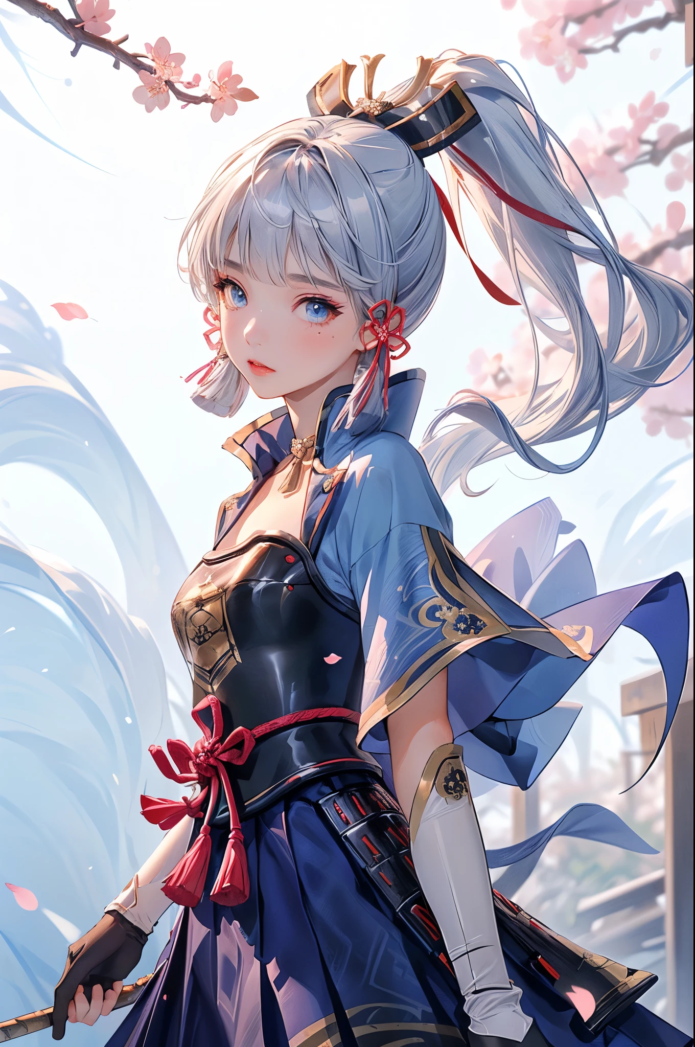 masterpiece, Best Quality, ((Ayaka Kamisato_ Genshin Impact)),(( 1 girl ,Long Hair, blue hair , ponytail,  Hair Ribbon ,  hair accessories , Hold the  ,  blue eyes ,breastplate,armor, Short sleeve,Japanese clothing,  Blue Skirt , Tassel,gloves, Arm guard,))[hold a japanese fan(japanese sensu):1.4],((Great background、whirlwind、cherry blossoms)), walking

