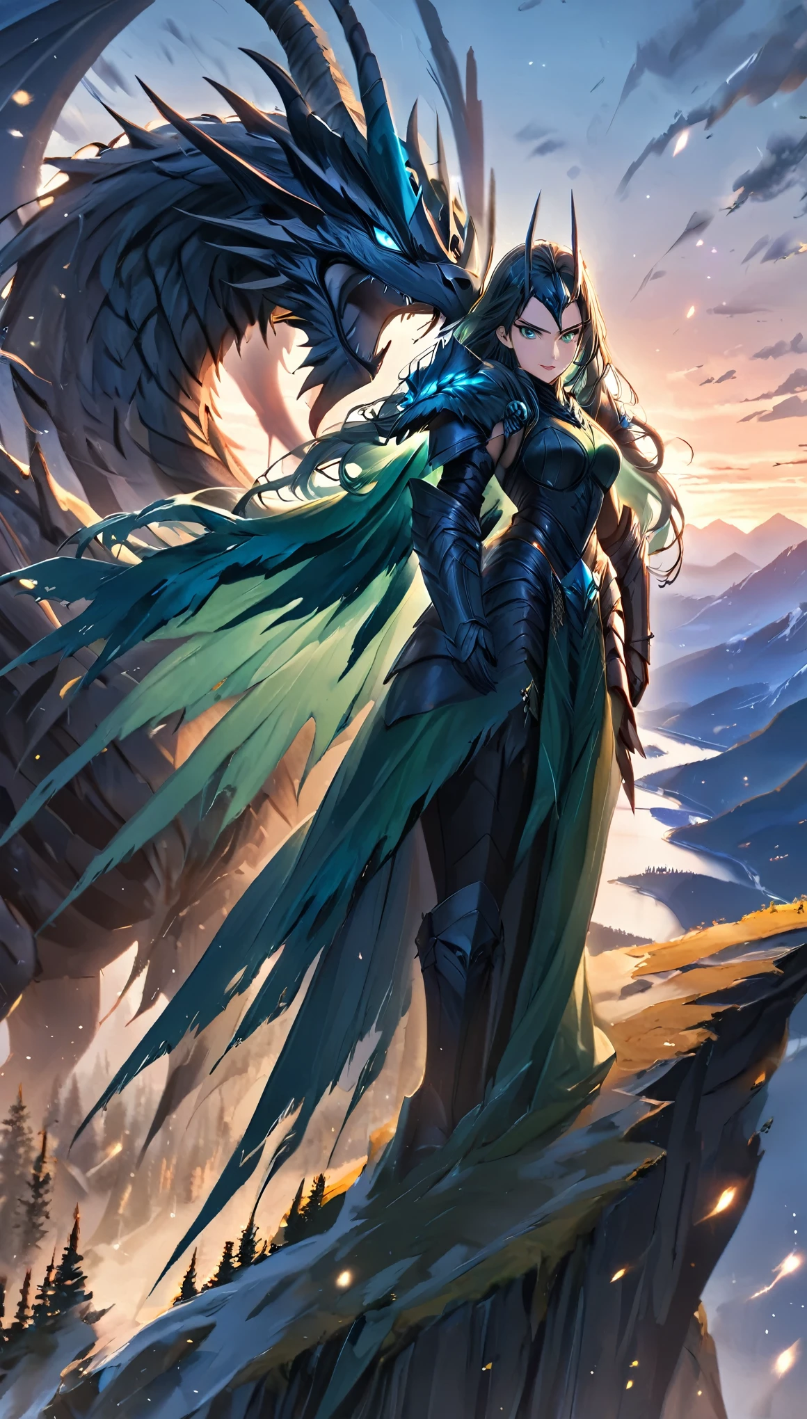 A powerful woman knight clad in Black and emerald armor, standing tall and fearless, gripping a majestic spear. Her armor is intricately detailed, featuring wyvern-shaped shoulder plates and a flowing emerald cape. Her long, flowing hair billows in the wind as she stands on a cliff edge, a wyvern perched loyally beside her, wings outstretched against the sunset sky. The landscape below is vast and rugged, with towering mountains and forests. The knight’s expression is fierce yet noble, embodying strength and grace as the guardian of the wyverns. Her connection to the mystical creature radiates power, as their bond is evident in their stance, ready for battle.