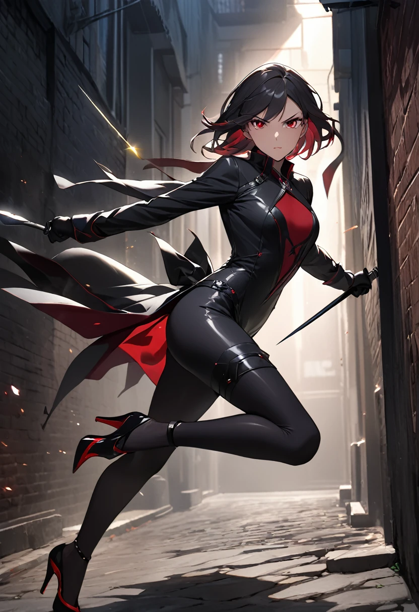 Yor Forger, dressed in her sleek black assassin outfit, is mid-leap, her body angled gracefully as she aims her razor-sharp stilettos at her unseen target. Her expression is cold and focused, with her red eyes gleaming under the moonlight. The shadows around her accentuate her stealth and agility as she moves through a dimly lit alleyway, her black dress fluttering in the air. Her weapons glint ominously, and her figure is poised for a swift, lethal strike, embodying elegance and danger in equal measure.