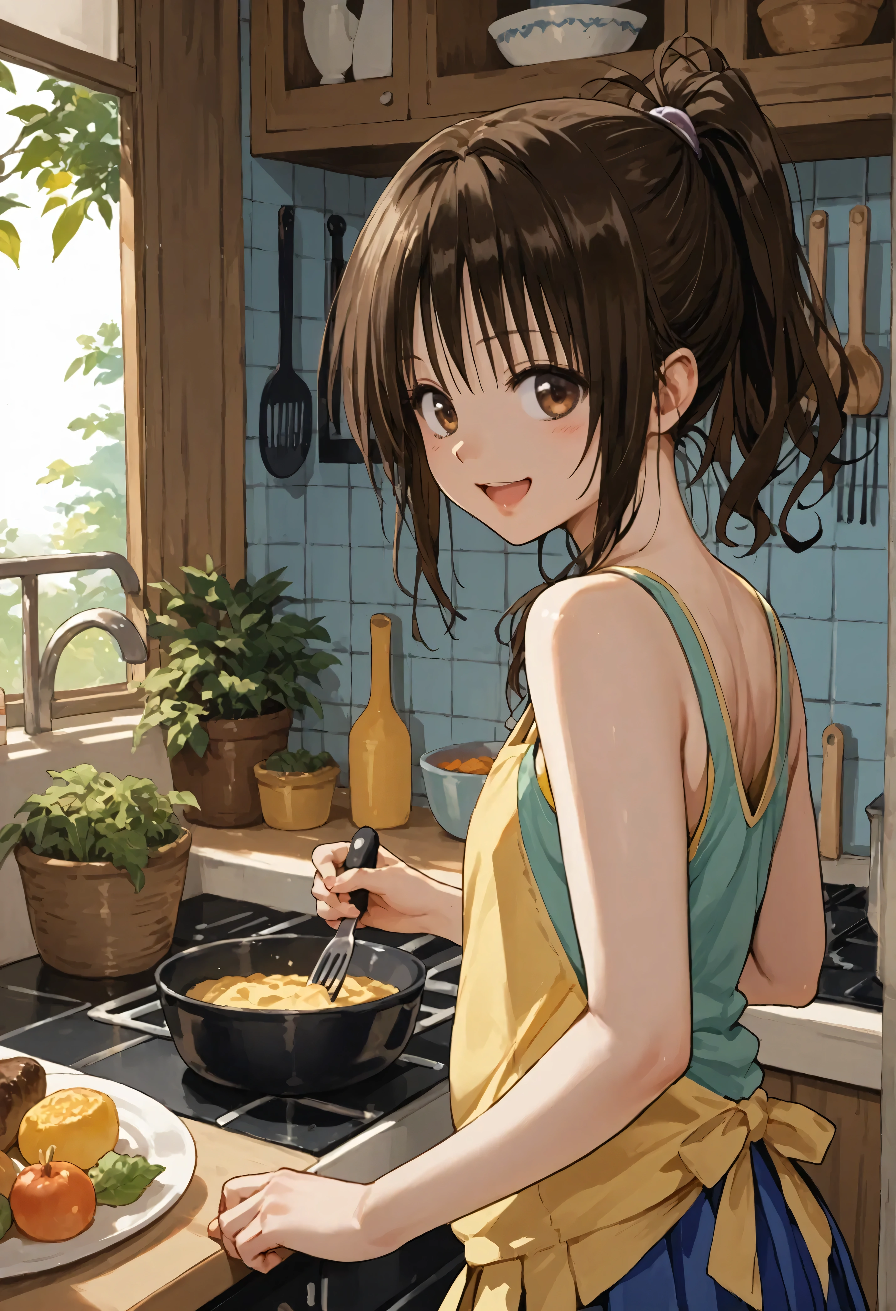 score_9, score_8_up, score_7_up, source_anime, 1girl, yuuki mikan, ponytail,brown hair, brown eyes, yellow tank top, pleated skirt, blue skirt,kitchen, looking back, cooking, smile, open mouth, upper body,