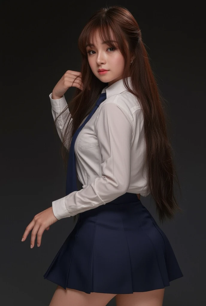 realistic, high res image, masterpiece, best quality, young woman, cute, fair skin, brown shiny long hair, ultra detailed eyes, thick lips, dark background, school uniform, white long sleves fitted shirt, navy skirt, black lace leg wear, black lace thighhigh, .