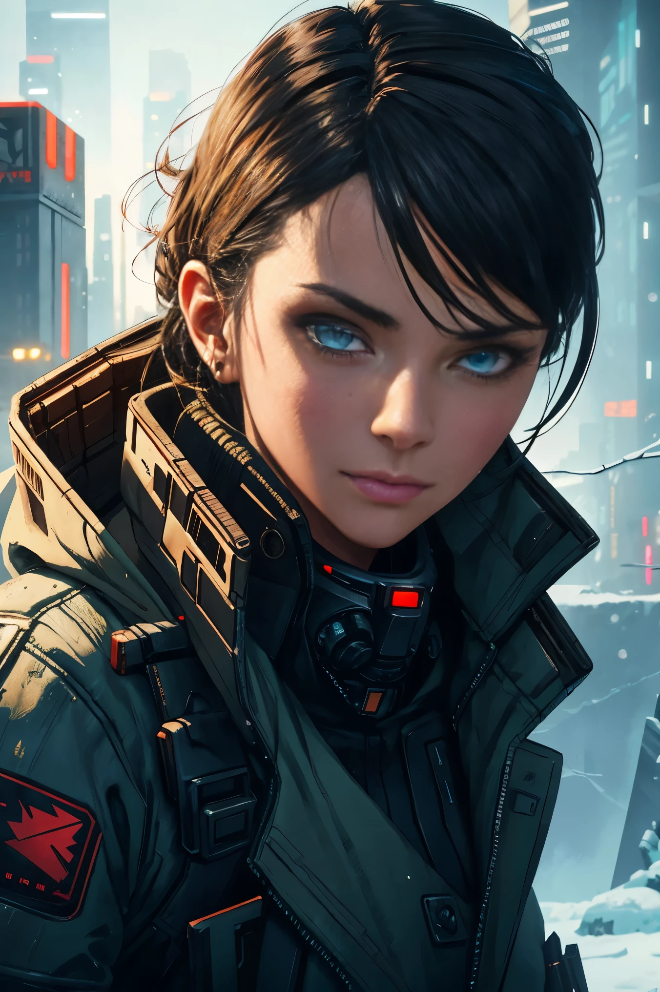 a close up of a woman with a gun in a snowy city, epic sci-fi character art, epic sci - fi character art, epic scifi character art, best of artstation, advanced digital cyberpunk art, wojtek fus, hyper-realistic cyberpunk style, muted cyberpunk style, amazing 8k character concept art, cgsociety contest winner!!, dystopian sci-fi character