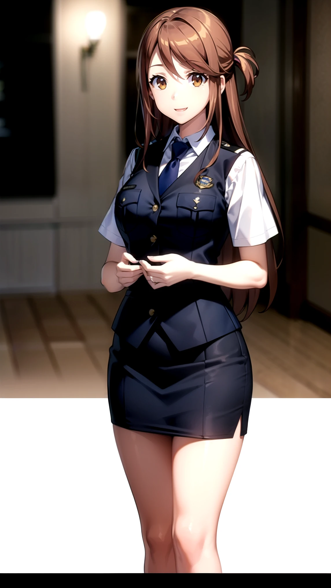 (masterpiece) ( best quality ) ( Details) (8k) ( Kampala ) (wallpaper) (Cinema Lighting) ( sharp concentration ),(RAW Photos), RW Feast , Open your mouth , smile, Brown Eyes , Brown Hair, Long Hair, police uniform , vest, collared shirt, skirt, blue tie, viewers are watching , 1 girl、Alone、ミニskirt、Thighs