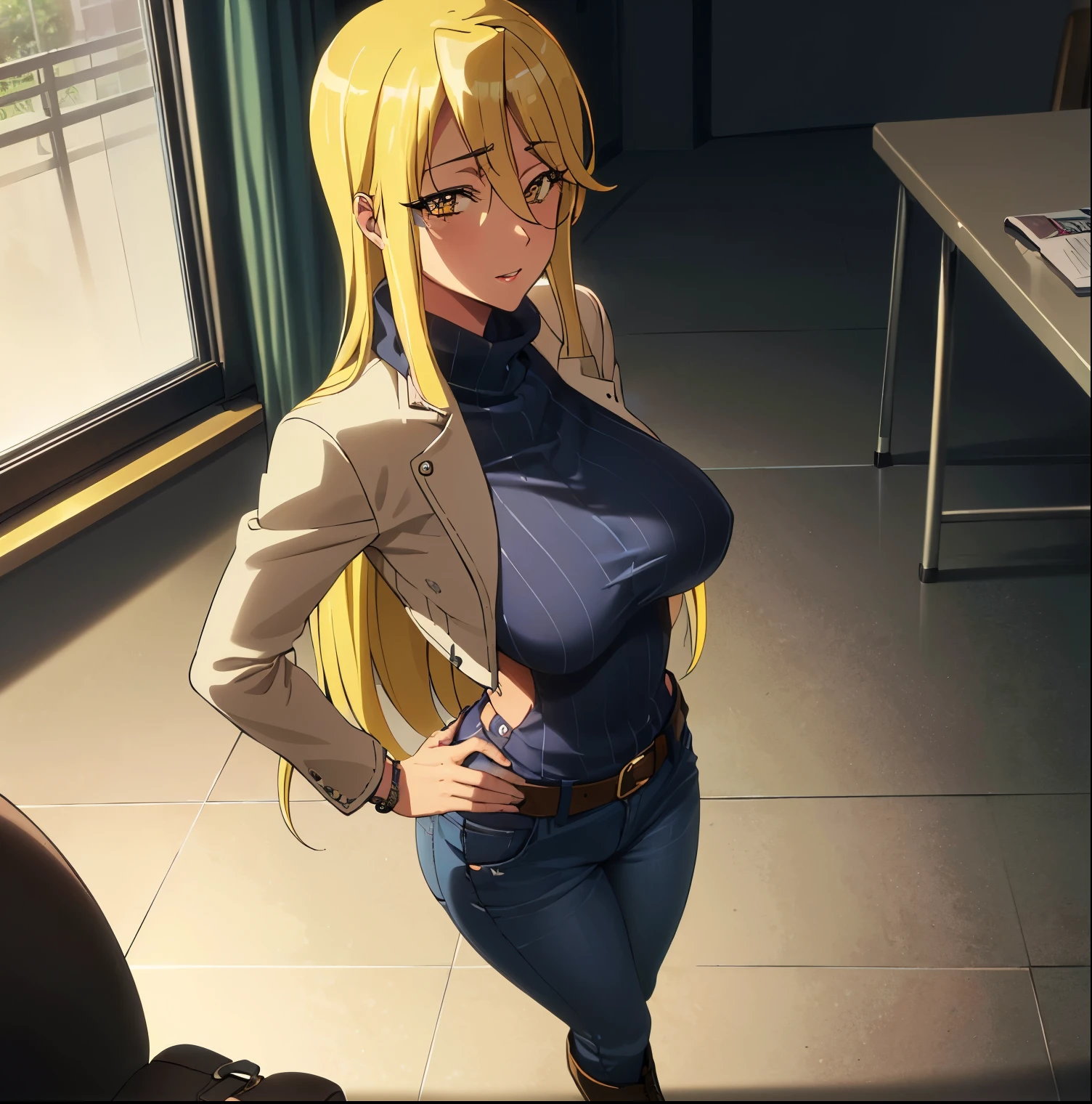 ((1girl)),((alone)),marikawa shizuka, \( high school of the dead\),(masterpiece), (best quality), (ultra detailed), (best illustration), (best shadow), (absurdities), sharp focus, cowboy shot, atmospheric perspective, depth of field, dynamic posture, ((looking at viewer)), large breasts, narrow waist, wide hips, medium thighs, round butt, erotic, romantic, (eyes very detailed, lips 1.1), very detailed eyes, eyes, Very detailed face, Very beautiful face, Symmetrical face, Aesthetic face, perfect face, perfect eyes, detailed eyelashes: 1.5), full height, beautiful slim figure, femininity, apathetic look , big elastic breasts, sexuality, mature woman, blonde hair, long hair, yellow eyes, soft face, beautiful face, beautiful eyes, makeup, detailed face, detailed hands, smile, jewelry, bracelet, (( long beige turtleneck sweater )),((black leather jacket)), open jacket ((denim jeans)), tight jeans, ((belt)), seductive pose, ((high boots)), , hand on hip, curves, defined body, Perfect and beautiful body, perfect and beautiful, seductive look, closed mouth, ((calm expression)), (sexy pose: 1.2), standing :1.3, ((solo)), ((inside, school, infirmary, desk, stretcher, chair, window)), Looking forward, ((focus on breasts:1.4)), point of view: (from above), perfect anatomy, perfect hands