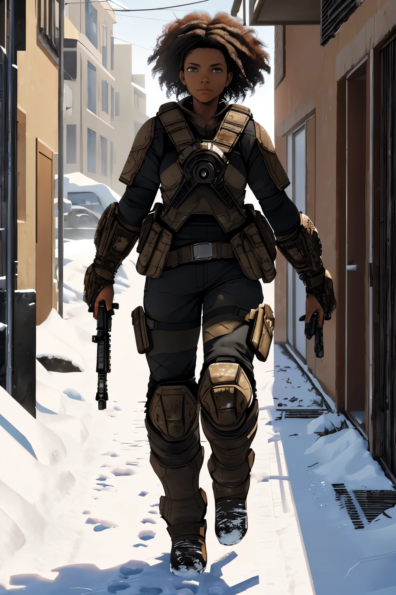 ((3d art, gears of war style, third-person shooter style)), African female combatant, curly hair, dark hair, black skin, full body, ((walking. with her back to the camera, wearing a backpack, body tattoo)), (precipitation style, precipitation of the universe), diselpunk, diselpunk warrior, walking in an ice city, ice city, ground covered in snow