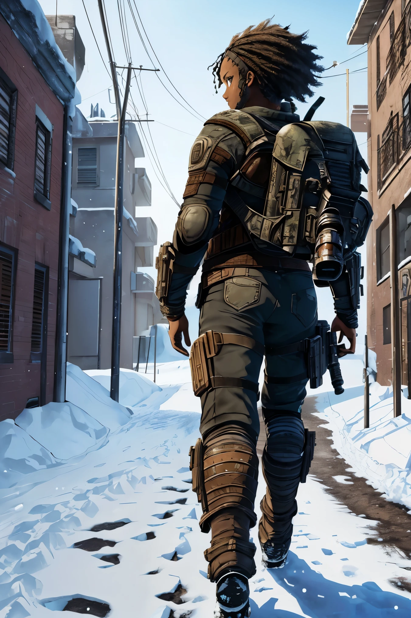 ((3d art, gears of war style, third-person shooter style)), African female combatant, curly hair, dark hair, black skin, full body, ((walking. with her back to the camera, wearing a backpack, body tattoo)), (precipitation style, precipitation of the universe), diselpunk, diselpunk warrior, walking in an ice city, ice city, ground covered in snow