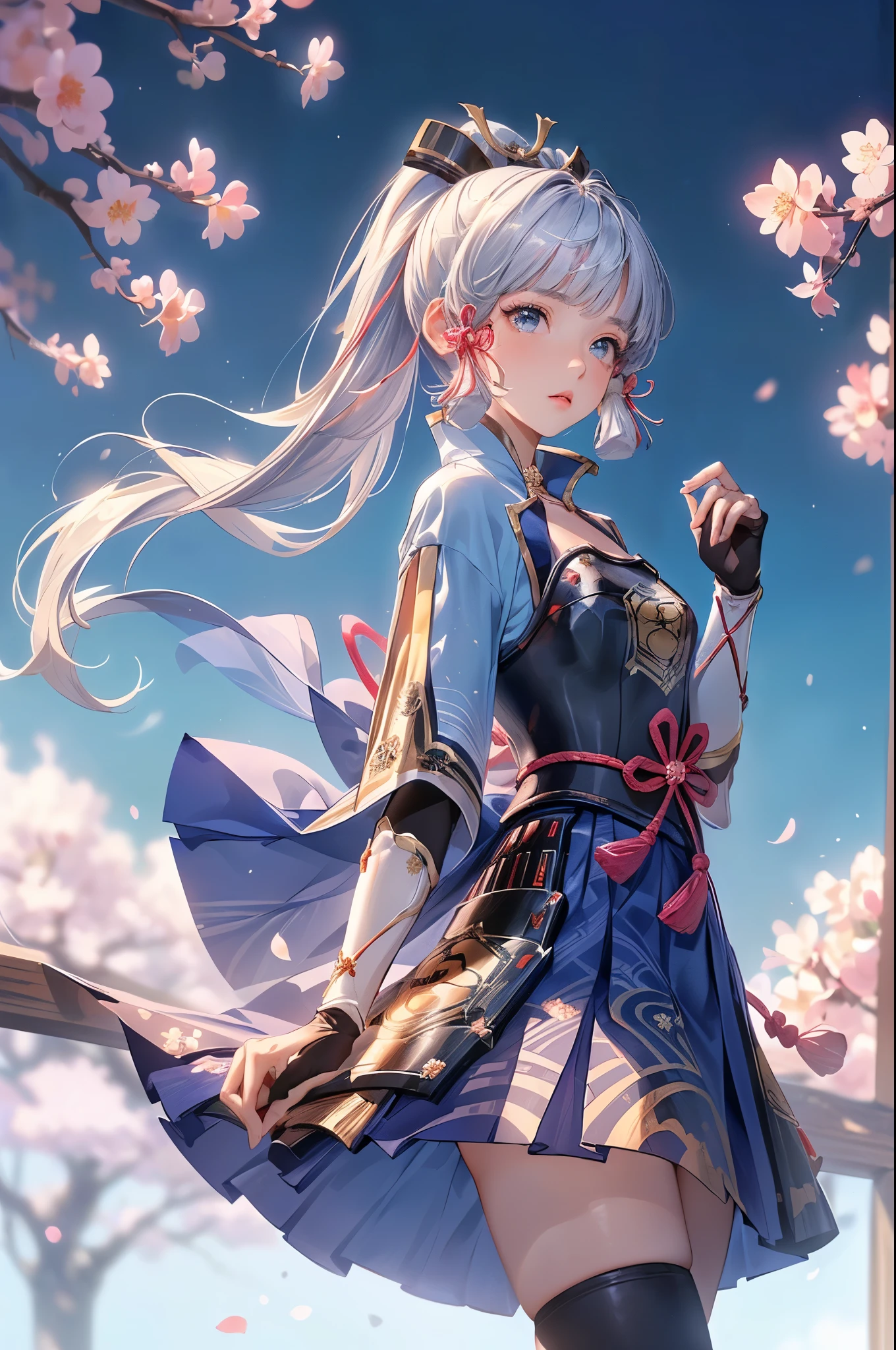 masterpiece, Best Quality, ((Ayaka Kamisato_ Genshin Impact)),(( 1 girl ,Long Hair, blue hair , ponytail,  Hair Ribbon ,  hair accessories , Hold the  ,  blue eyes ,breastplate,armor, Short sleeve,Japanese clothing,  Blue Skirt , Tassel,gloves, Arm guard,))[hold a japanese fan(japanese sensu):1.4],((Great background、whirlwind、cherry blossoms)),　Reaching for the cherry blossom
