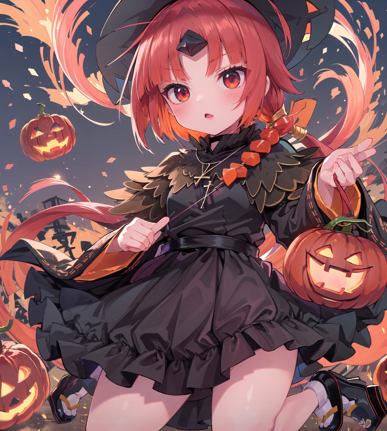 ((masterpiece,best quality:1.2)),((wear witch :1.3)),((Jack-o-lantern:1.2)),Witch hat,night,blush,Sweets:1.3,((black dress:1.3)),metal cross-shaped necklace,1girl,be_nienma