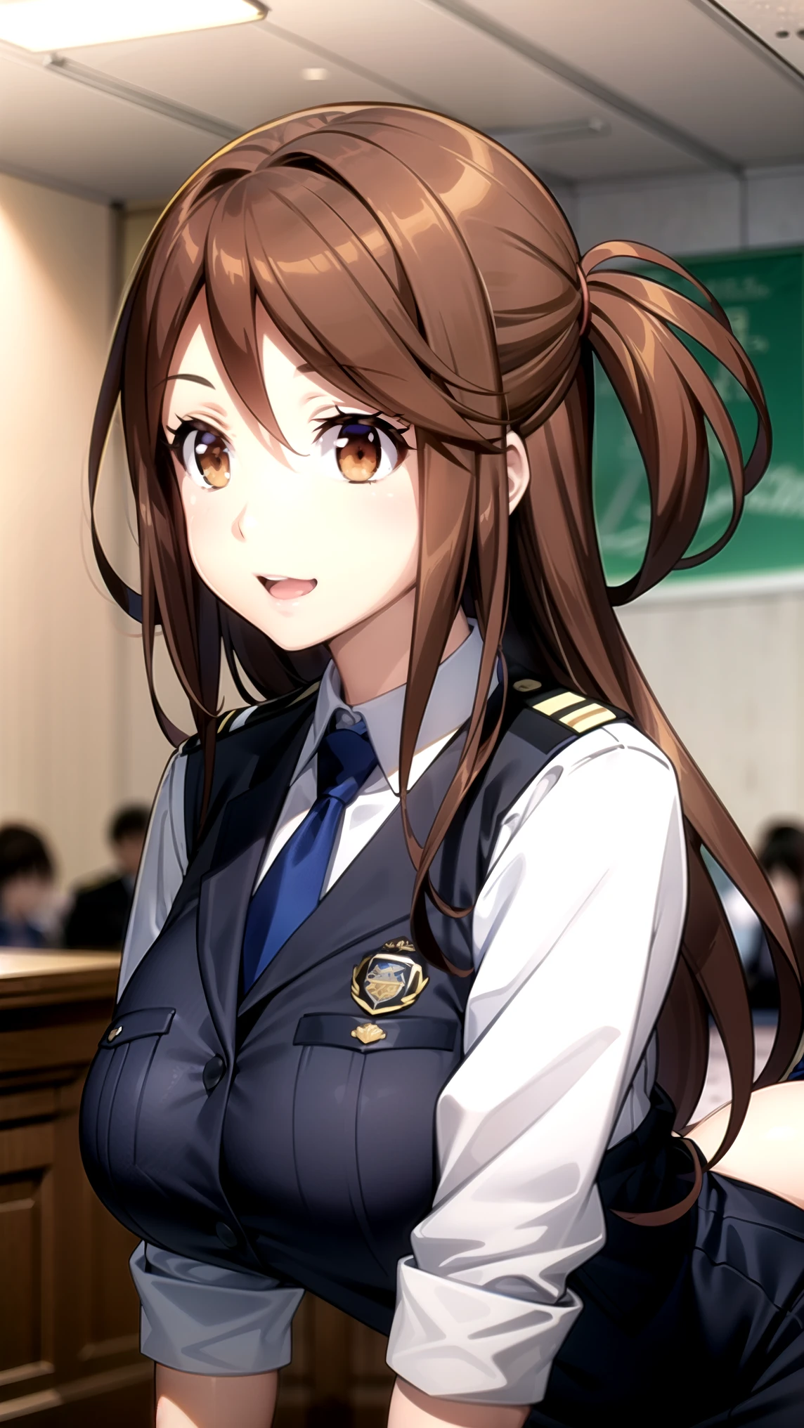 (masterpiece) ( best quality ) ( Details) (8k) ( Kampala) (wallpaper) (Cinema Lighting) (Sharp focus),(RAW Photos),(anime、anime塗り), anatomically correct sexy poses、big boobs
RW Feast , opens her mouth, smile, Brown Eyes , Brown Hair, Long Hair, police uniform , vest, collared shirt, miniskirt , Blue tie, stockings, viewers are watching ,Inside the police station、Thighs