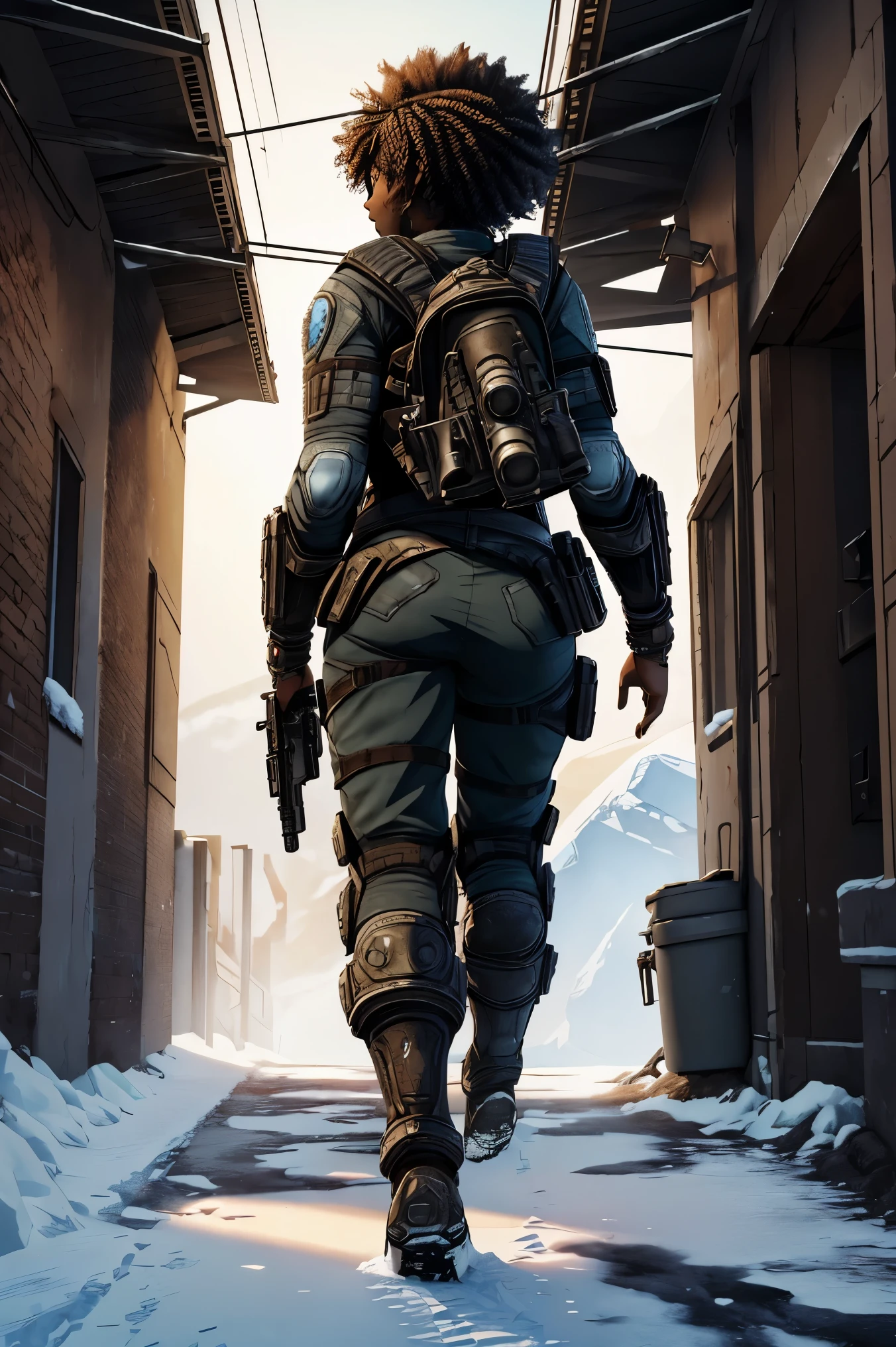 ((3d art, Gears of War style, third-person shooter style)), African female combatant, curly hair, dark hair, black skin, full body, showing her ass, ((walking, camera behind the character, using a backpack, camera on character's ass)), (precipitation style, universe precipitation), diselpunk, diselpunk warrior, walking in an ice city, ice city, ground covered in snow