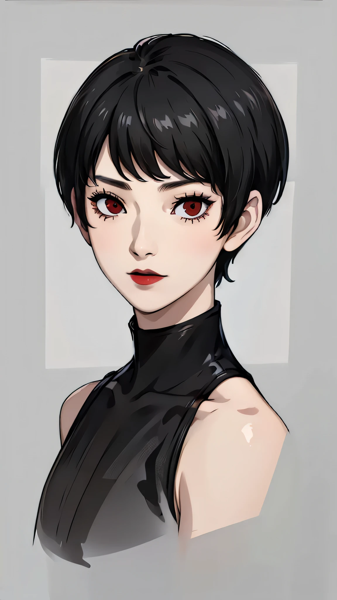 1 boy, very Short hair, Pixie haircut, black hair, red eyes, black lipstick, black lipstick, face portrait, black choker, bandeau , front face, bedroom, front face, face portrait, bangs,