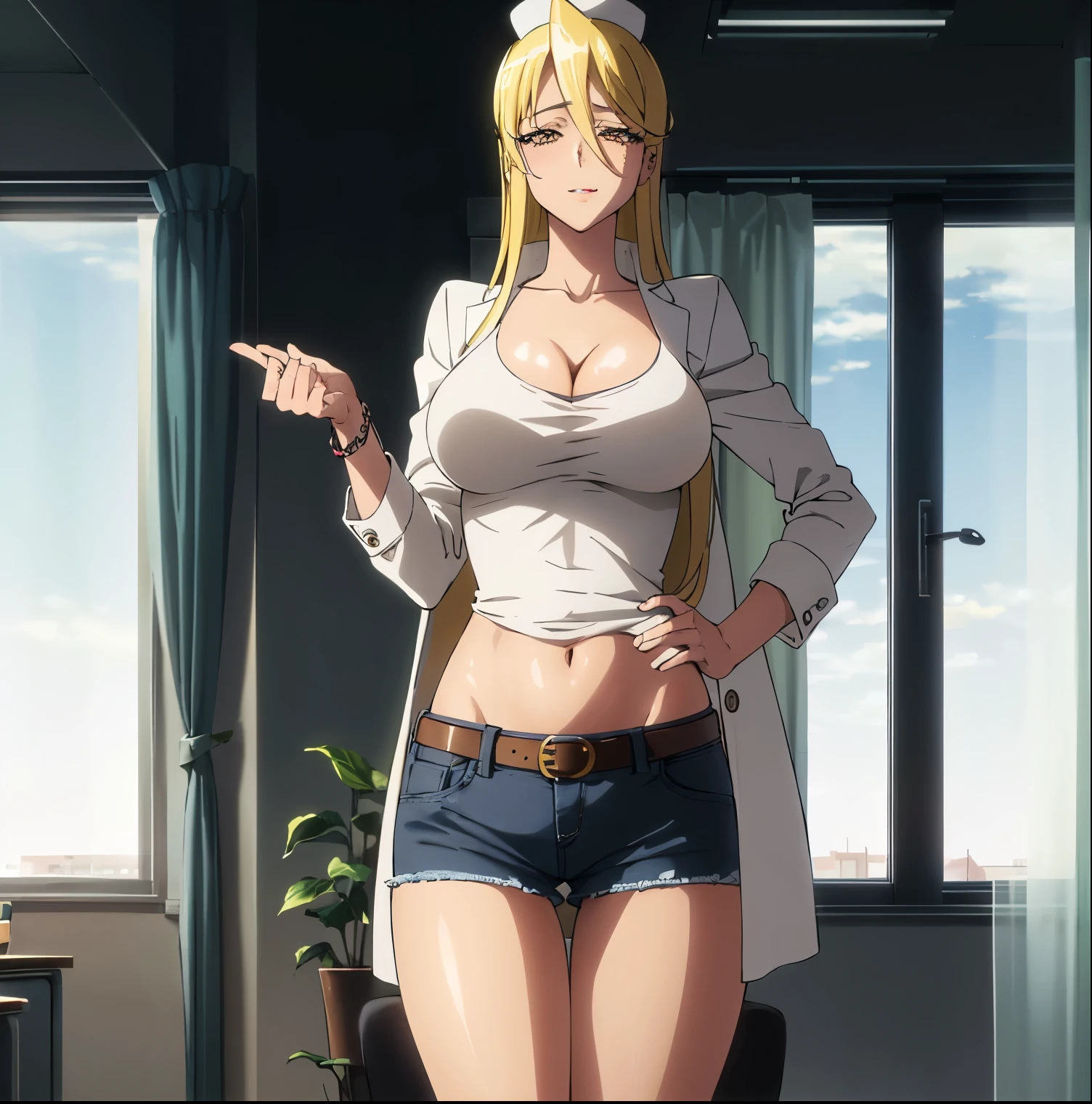 ((1girl)),((alone)),marikawa shizuka, \( high school of the dead\),(masterpiece), (best quality), (ultra detailed), (best illustration), (best shadow), (absurdities), sharp focus, cowboy shot, atmospheric perspective, depth of field, dynamic posture, ((looking at viewer)), large breasts, narrow waist, wide hips, medium thighs, round butt, erotic, romantic, (eyes very detailed, lips 1.1), very detailed eyes, eyes, Very detailed face, Very beautiful face, Symmetrical face, Aesthetic face, perfect face, perfect eyes, detailed eyelashes: 1.5), full height, beautiful slim figure, femininity, apathetic look , big elastic breasts, sexuality, mature woman, blonde hair, long hair, yellow eyes, soft face, beautiful face, beautiful eyes, makeup, detailed face, detailed hands, smile, jewelry, bracelet,(( tight black shirt)), cleavage,((white nurse's coat)), open open gown ((jeans)), tight pants, ((belt)), seductive pose, ((white sneakers)), , hand on hip, curves, defined body, Perfect and beautiful body, perfect and beautiful, seductive look, closed mouth, ((calm expression)), (sexy pose: 1.2), standing :1.3, ((solo)), ((inside, school, infirmary, desk, stretcher, chair, window)), Looking forward, ((focus on thighs:1.4)), point of view: (from below), perfect anatomy, perfect hands