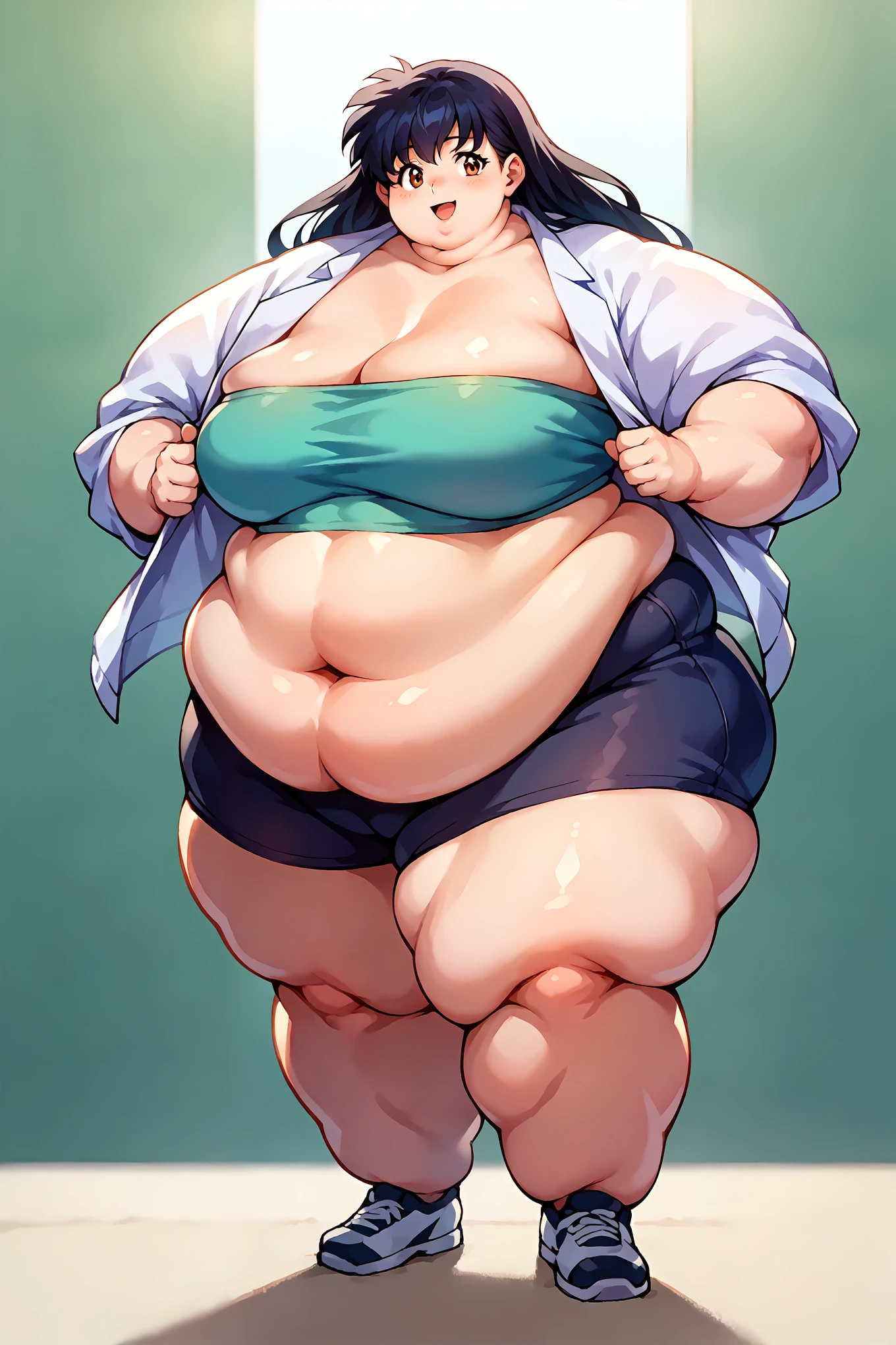 portrait, sharp focus, soft lighting,, , illustration, depth of field, (bloom:0.4), kagomexl, long hair, black hair, brown eyes, bangs, white jacket, green tube top, midriff, black bike shorts, smile, fat, chubby, obese, full body shot, gigantic arms and legs 