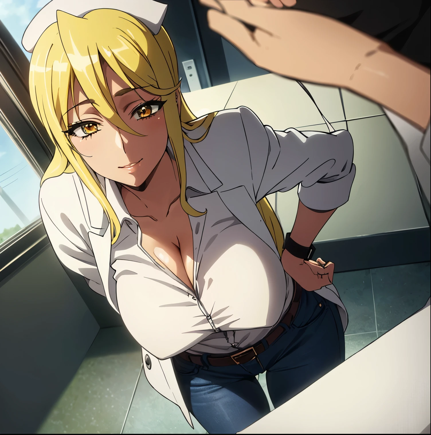 ((1girl)),((alone)),marikawa shizuka, \( high school of the dead\),(masterpiece), (best quality), (ultra detailed), (best illustration), (best shadow), (absurdities), sharp focus, cowboy shot, atmospheric perspective, depth of field, dynamic posture, ((looking at viewer)), large breasts, narrow waist, wide hips, medium thighs, round butt, erotic, romantic, (eyes very detailed, lips 1.1), very detailed eyes, eyes, Very detailed face, Very beautiful face, Symmetrical face, Aesthetic face, perfect face, perfect eyes, detailed eyelashes: 1.5), full height, beautiful slim figure, femininity, apathetic look , big elastic breasts, sexuality, mature woman, blonde hair, long hair, yellow eyes, soft face, beautiful face, beautiful eyes, makeup, detailed face, detailed hands, smile, jewelry, bracelet,(( tight black shirt)), cleavage,((white nurse's coat)), open open gown ((jeans)), tight pants, ((belt)), seductive pose, ((white sneakers)), , hand on hip, curves, defined body, Perfect and beautiful body, perfect and beautiful, seductive look, closed mouth, ((calm expression)), (sexy pose: 1.2), standing :1.3, ((solo)), ((inside, school, infirmary, desk, stretcher, chair, window)), Looking forward, ((focus on breasts:1.4)), point of view: (from above), perfect anatomy, perfect hands