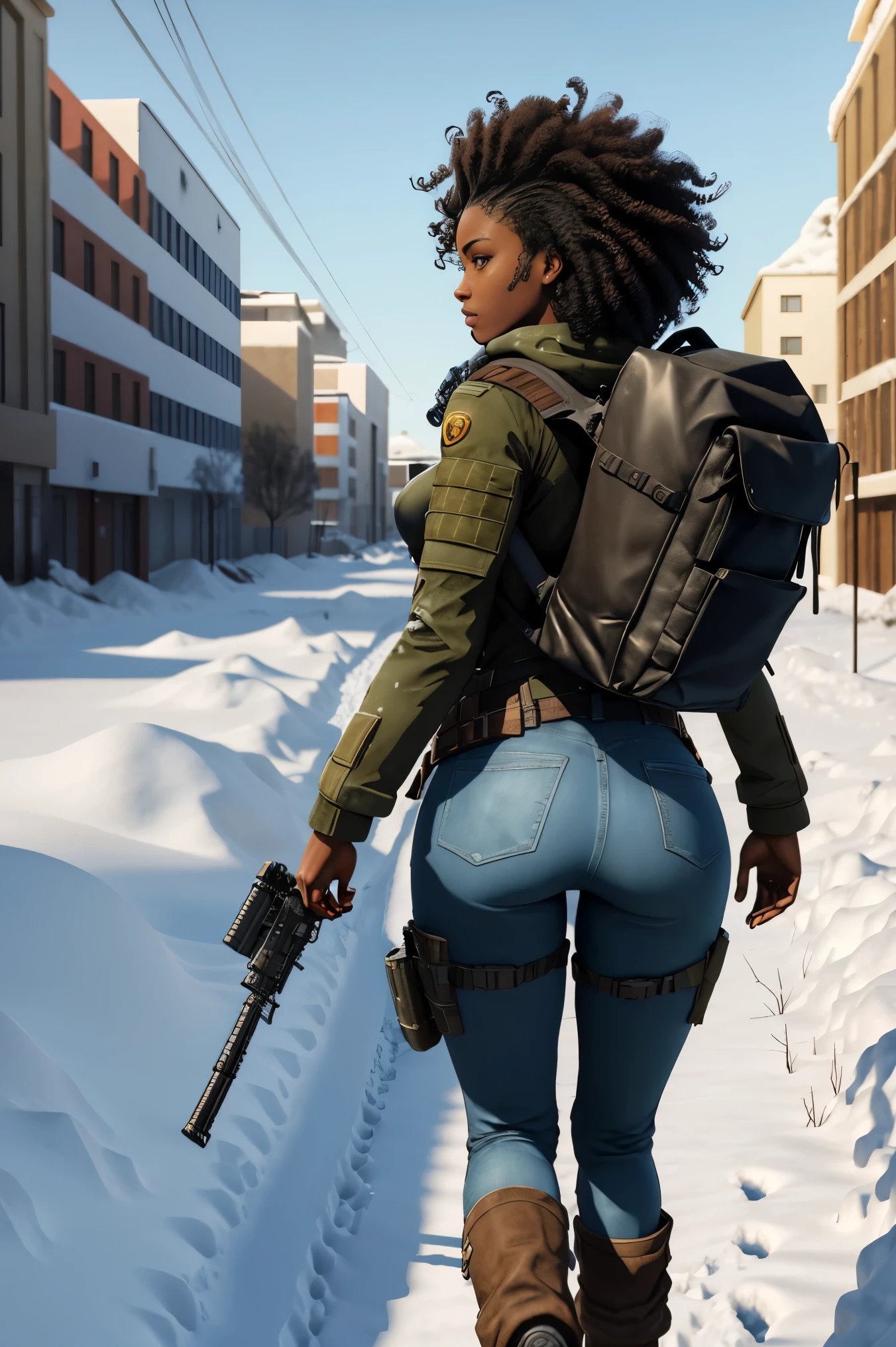 ((3d art, third-person shooter style)), a sexy African female combatant, curly hair, dark hair, black skin, full body, showing her ass, ((walking, camera behind the character, using a backpack, camera on character's ass, sfw)), (precipitation style, universe precipitation), diselpunk, diselpunk warrior, walking in an ice city, ice city, ground covered in snow