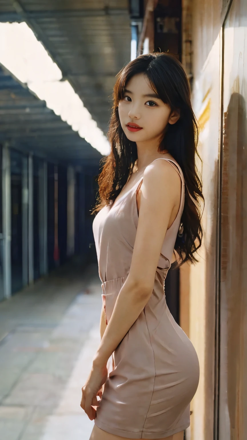 1 Girl,corridor,Soft Light,korean Beauty,Tight Fit,dress,Dark-haired wavy hair,