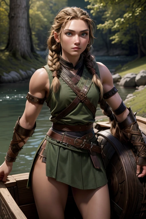 A woman with hazel eyes and beautiful brown hair, tied in a simple braid. An extremely athletic build, with perfectly defined lean muscles rolling under the dewy olive skin with each movement. She weares a provocatively short white tunic, augmented with bronze greaves, vambrances, and a cuirass with leather pteruges