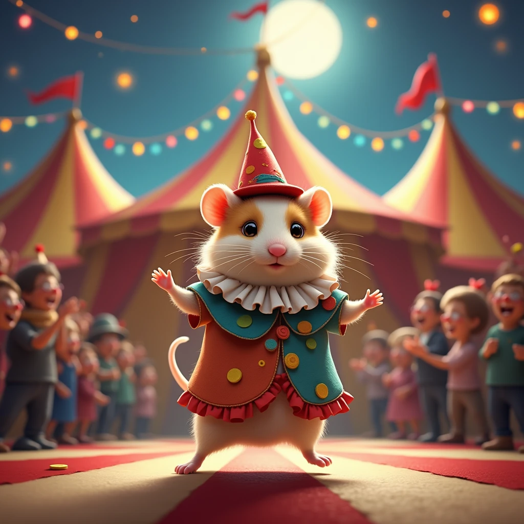 Beneath a canopy adorned with glimmering lights that mimic the starry night sky, a delightful hamster in clown attire performs an enchanting dance. Its costume is a joyful explosion of colors: bright blues, yellows, reds, and greens blend harmoniously, creating a visual spectacle against its soft, gray fur. Each tiny pawstep is measured and graceful, exuding a rhythmic precision that entrances viewers. A bright red nose and pom-pom-studded shoes add to its irresistible charm, while the hamster's big, rounded eyes gaze with unending delight. The tent's interior is a captivating wonderland; plush velvet drapes and golden tassels sway gently, creating a theatrical backdrop. The audience, their faces gleaming with enjoyment, watch entranced, their applause a gentle tide of appreciation and warmth. Overhead, the melodic strains of a fiddle and accordion duet create a whimsical tune, making spirits soar. With each bounce and twirl, the hamster brings forth a wave of happiness that washes over the onlookers, leaving them with hearts full of joy and eyes sparkling with remnants of dreamlike wonder.