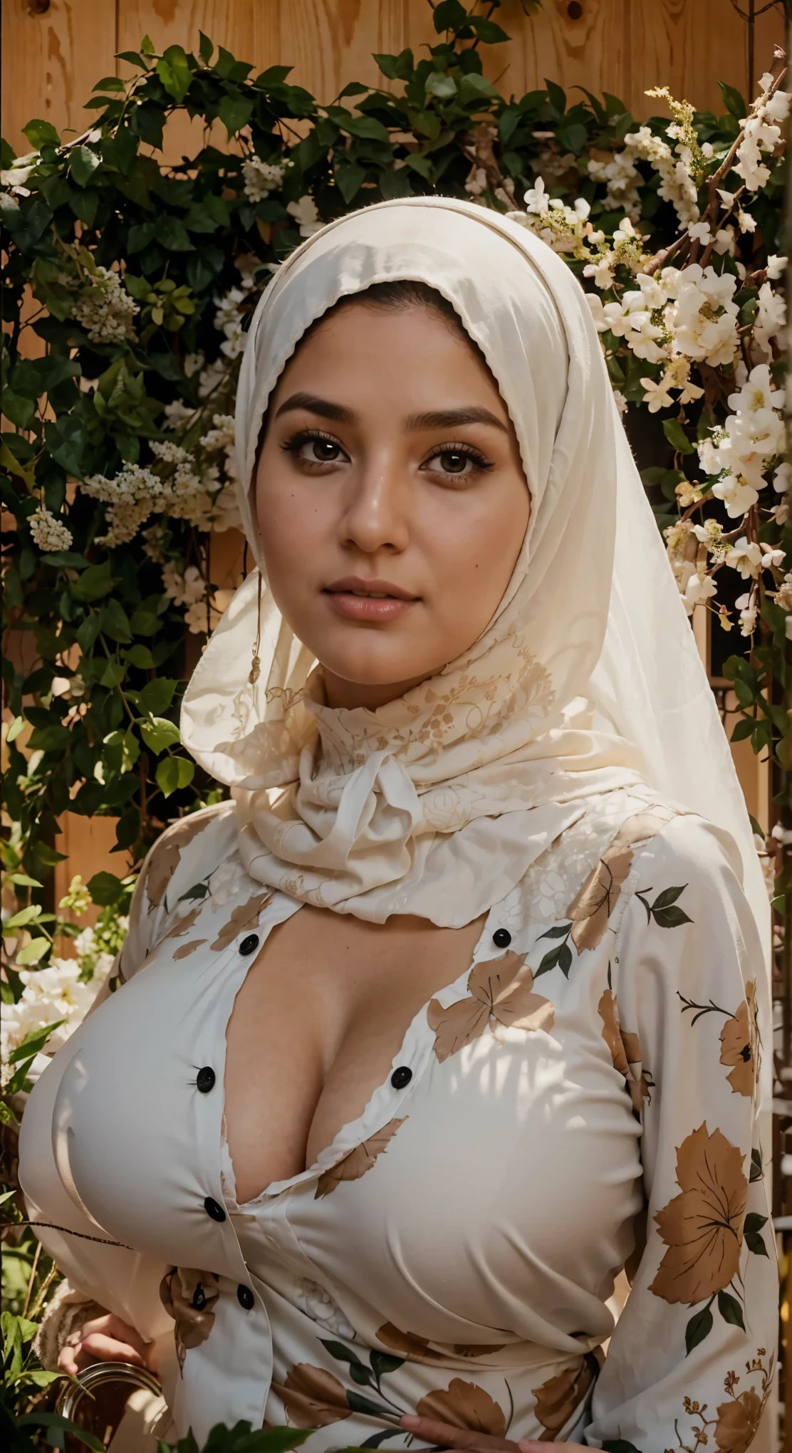 46 Years old, Indonesian mature woman, wearing Hijab, white skin like porcelain, Perfect body, Full body, natural Gigantic mature breast, Hard Nipple Erection, gorgeous eyes, Soft smile, wear a Baju kurung, Tight Baju Kurung, Heart necklace, Breast about to burs out