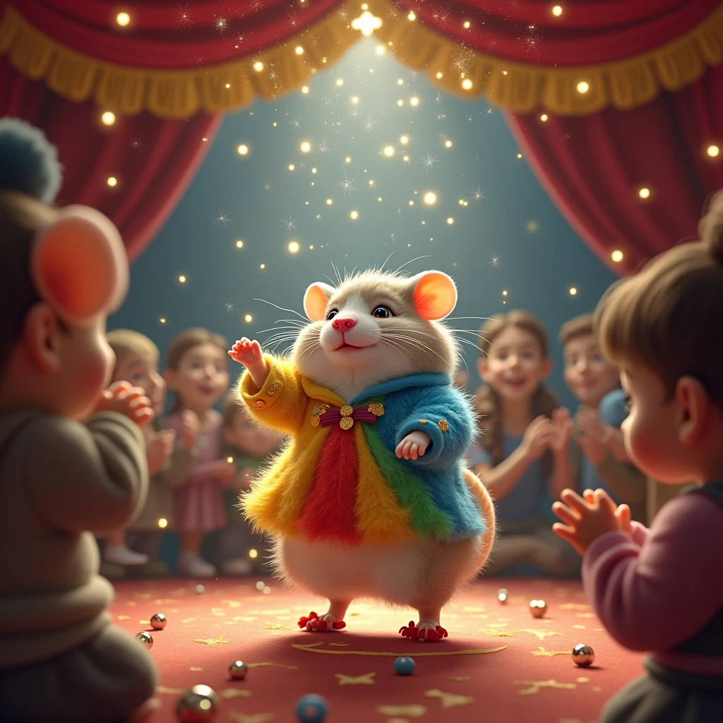 Beneath a canopy adorned with glimmering lights that mimic the starry night sky, a delightful hamster in clown attire performs an enchanting dance. Its costume is a joyful explosion of colors: bright blues, yellows, reds, and greens blend harmoniously, creating a visual spectacle against its soft, gray fur. Each tiny pawstep is measured and graceful, exuding a rhythmic precision that entrances viewers. A bright red nose and pom-pom-studded shoes add to its irresistible charm, while the hamster's big, rounded eyes gaze with unending delight. The tent's interior is a captivating wonderland; plush velvet drapes and golden tassels sway gently, creating a theatrical backdrop. The audience, their faces gleaming with enjoyment, watch entranced, their applause a gentle tide of appreciation and warmth. Overhead, the melodic strains of a fiddle and accordion duet create a whimsical tune, making spirits soar. With each bounce and twirl, the hamster brings forth a wave of happiness that washes over the onlookers, leaving them with hearts full of joy and eyes sparkling with remnants of dreamlike wonder.